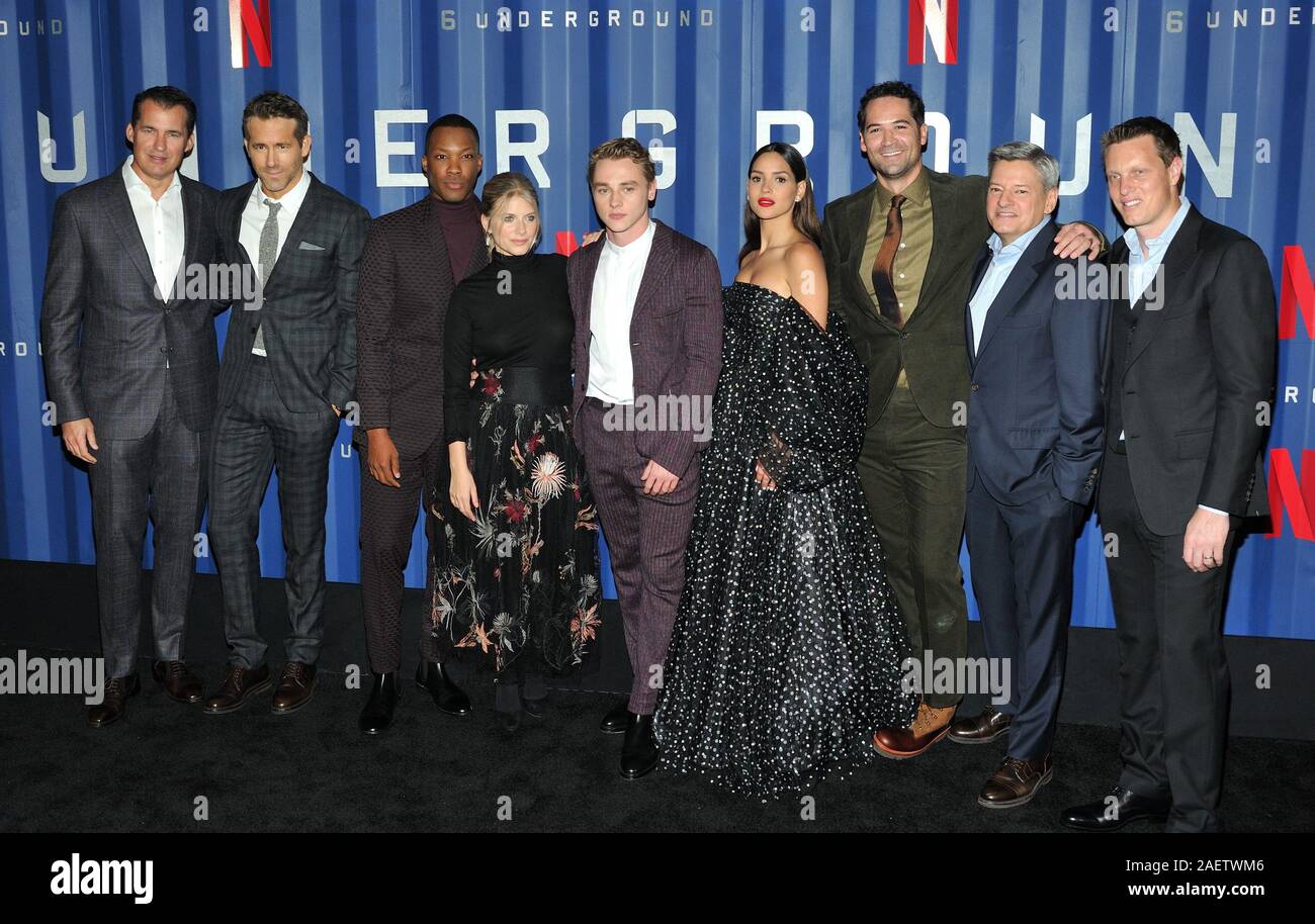 New York, USA. 10th Dec, 2019. L-R: Netflix exec Scott Stuber, actors Ryan Reynolds, Corey Hawkins, Melanie Laurent, Ben Hardy, Adria Arjona and Manuel Garcia-Rulfo, Netflix exec Ted Sarandos and producer David Ellison attend the NY premiere of 6 Underground at The Shed at Hudson Yards in New York, NY on December 10, 2019. (Photo by Stephen Smith/SIPA USA) Credit: Sipa USA/Alamy Live News Stock Photo