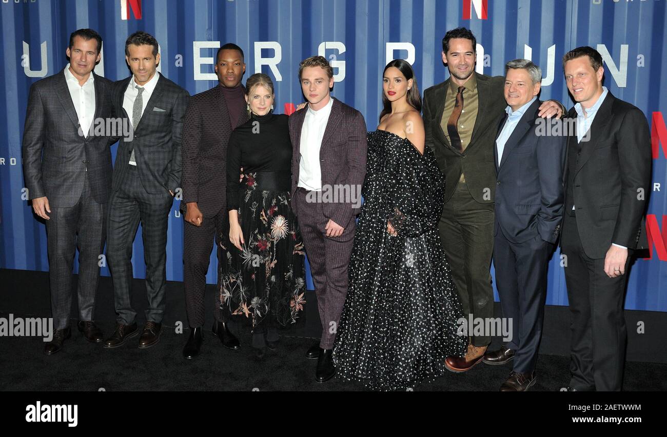 New York, USA. 10th Dec, 2019. L-R: Netflix exec Scott Stuber, actors Ryan Reynolds, Corey Hawkins, Melanie Laurent, Ben Hardy, Adria Arjona and Manuel Garcia-Rulfo, Netflix exec Ted Sarandos and producer David Ellison attend the NY premiere of 6 Underground at The Shed at Hudson Yards in New York, NY on December 10, 2019. (Photo by Stephen Smith/SIPA USA) Credit: Sipa USA/Alamy Live News Stock Photo