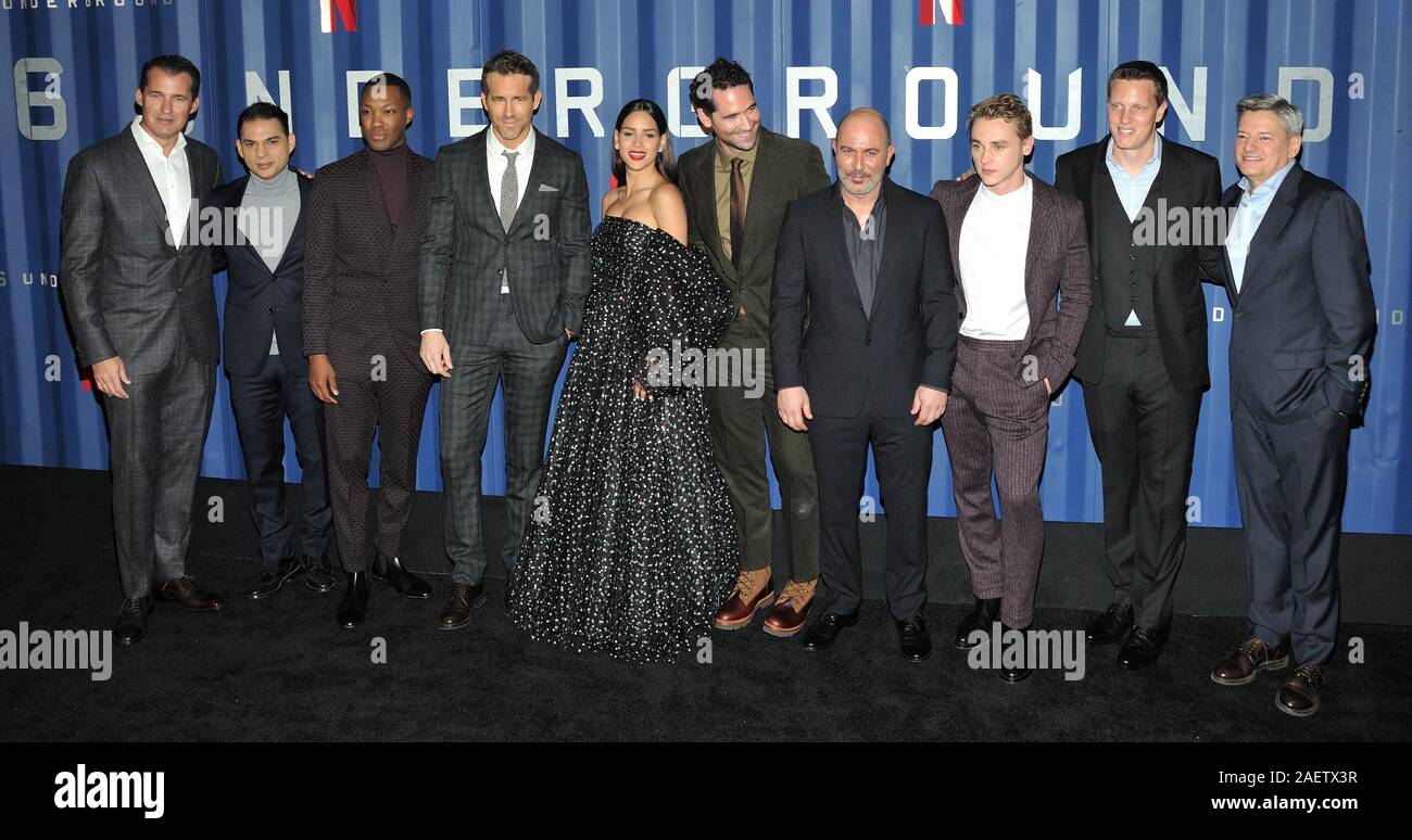 New York, USA. 10th Dec, 2019. L-R: Netflix exec Scott Stuber, actors Payman Maadi, Corey Hawkins, Ryan Reynolds, Adria Arjona, Manuel Garcia-Rulfo, Lior Raz and Ben Hardy, producer David Ellison and Netflix exec Ted Sarandos attend the NY premiere of 6 Underground at The Shed at Hudson Yards in New York, NY on December 10, 2019. (Photo by Stephen Smith/SIPA USA) Credit: Sipa USA/Alamy Live News Stock Photo