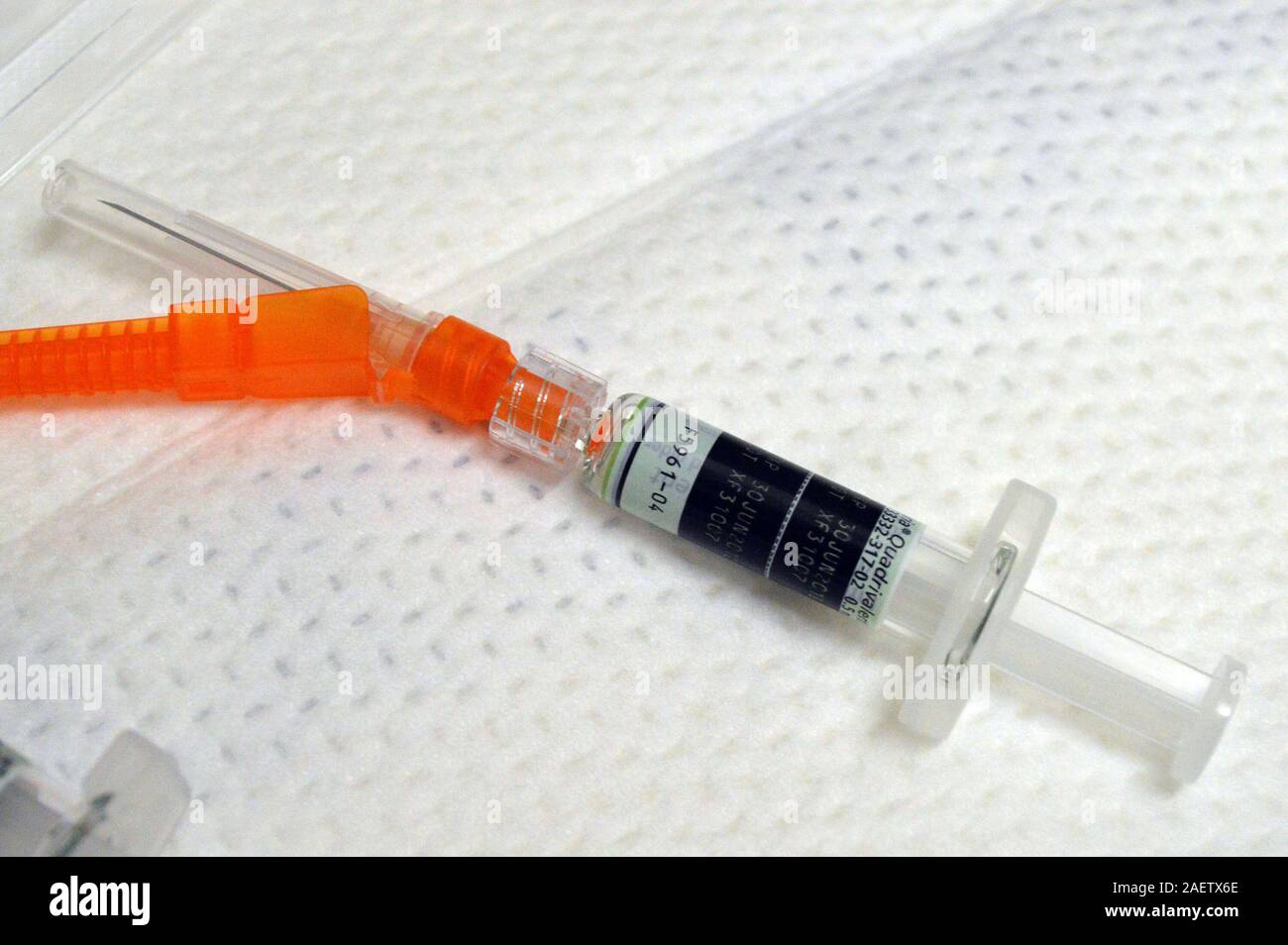 A needle with the flu vaccine is seen at St. Mary Medical Center Thursday, November 9, 2017 in Langhorne, Pennsylvania. (Photo by William Thomas Cain) Stock Photo