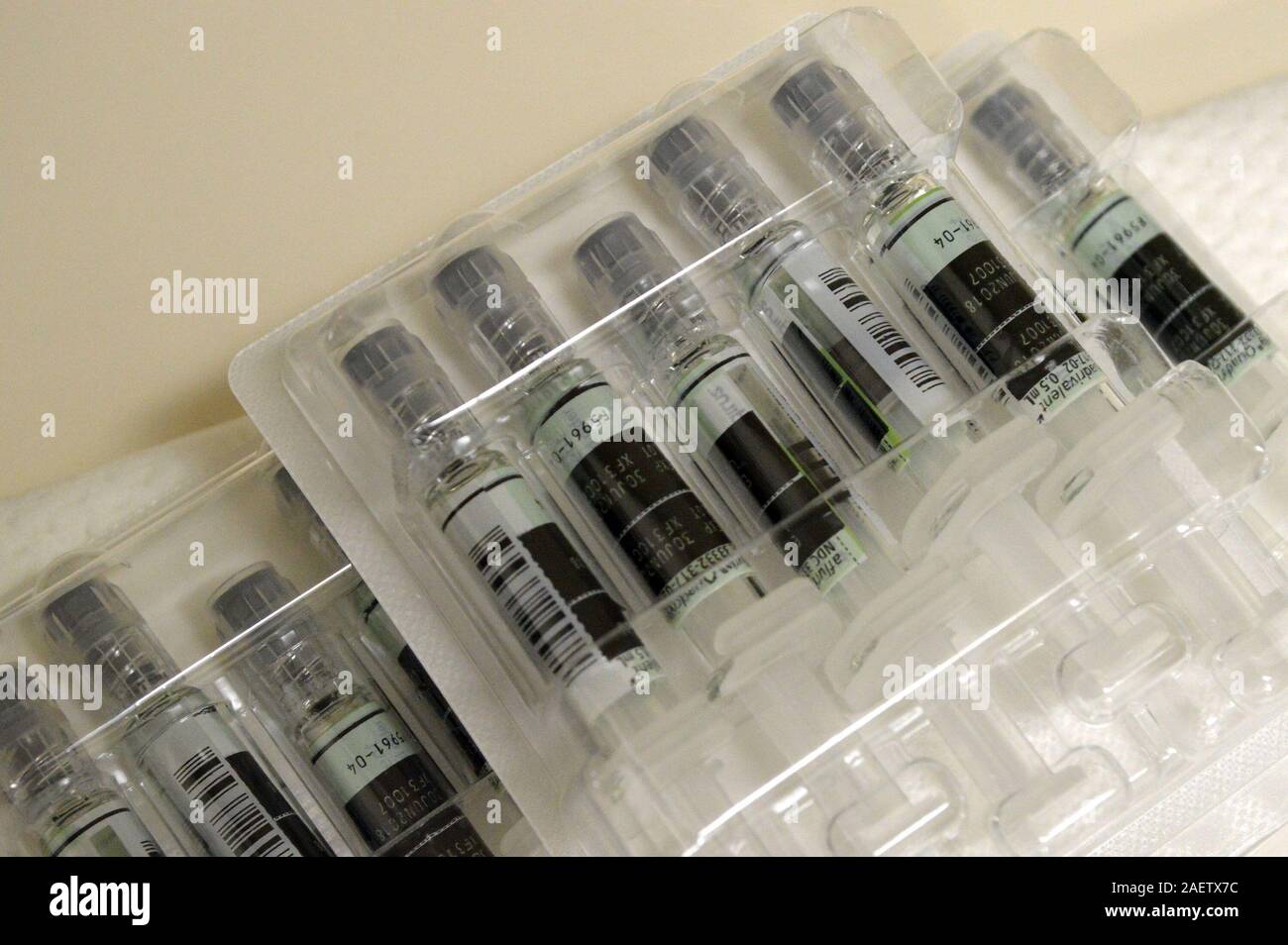 Influenza vaccines are seen at St. Mary Medical Center Thursday, November 9, 2017 in Langhorne, Pennsylvania. (Photo by William Thomas Cain) Stock Photo