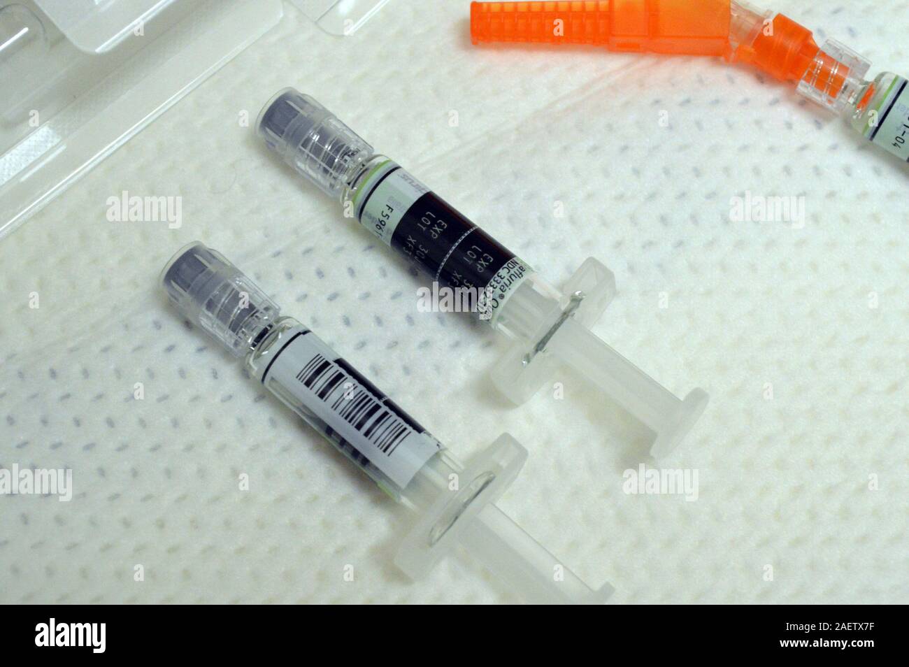 Flu vaccine dosages are seen at St. Mary Medical Center Thursday, November 9, 2017 in Langhorne, Pennsylvania. (Photo by William Thomas Cain) Stock Photo