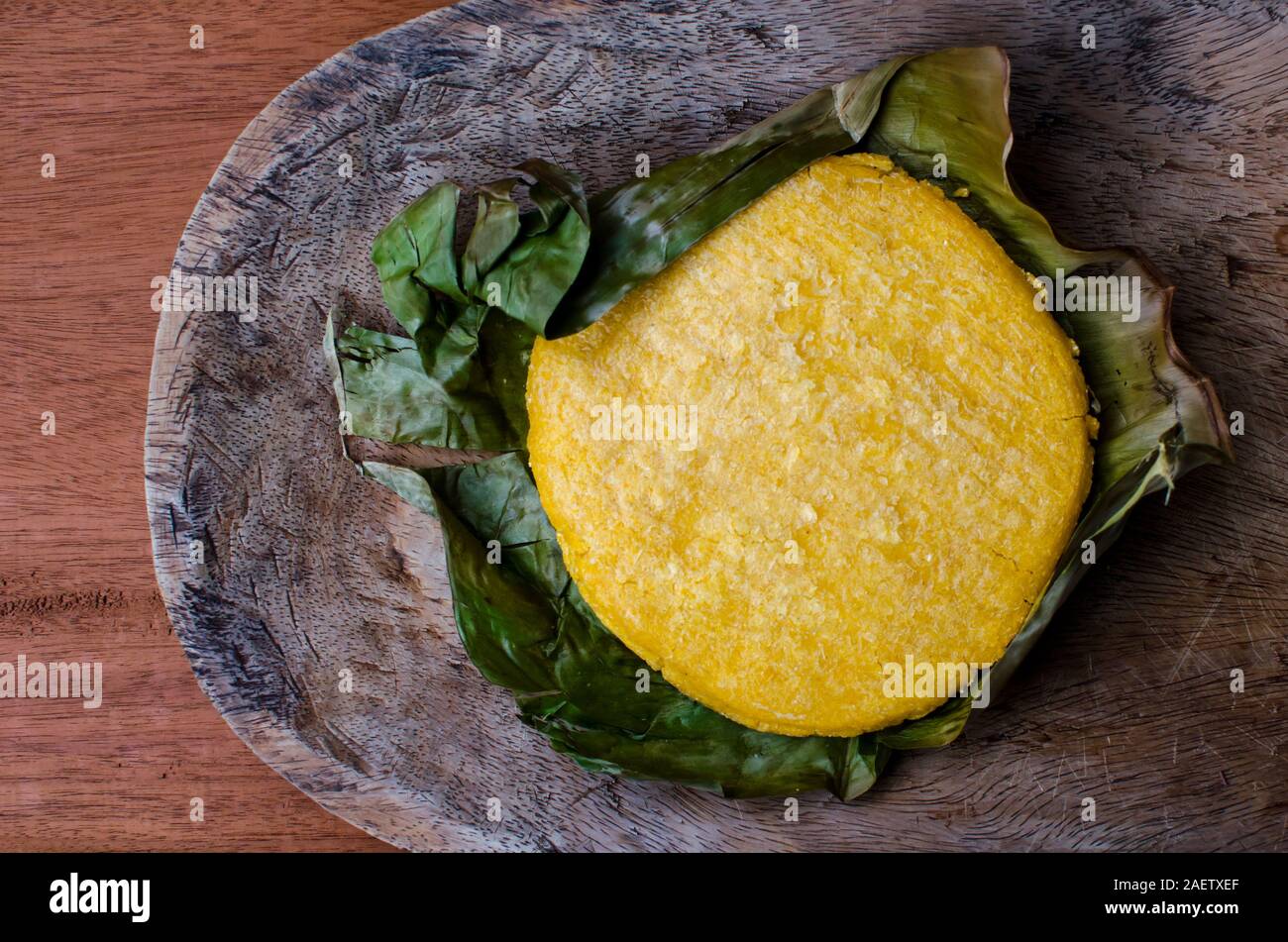 Traditional yellow corn tortilla eaten for breakfast in Panama. Stock Photo