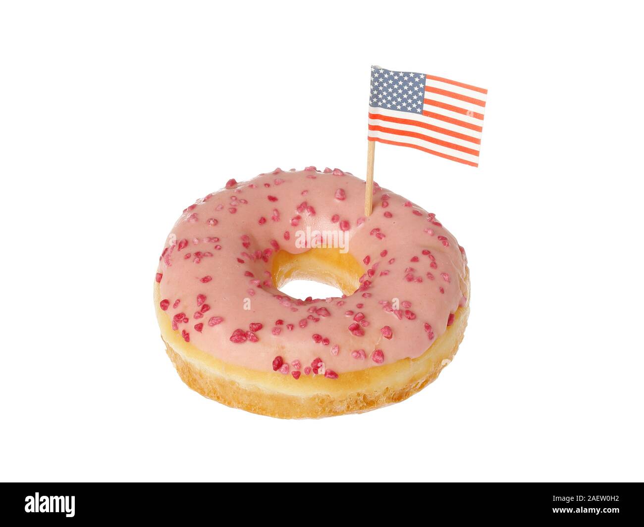 One red glazed donut with the national flag of USA isolated on white background. Stock Photo