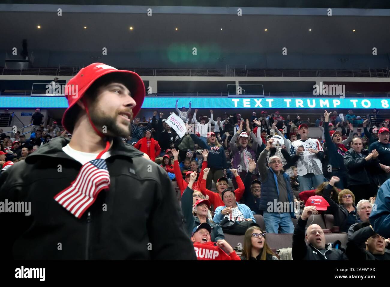 Hershey, Pennsylvania, USA. 10th December, 2019. The arena fills with supporters ahead of a rally with U.S. President Donald Trump and Vice-President Mike Pence as they return to Pennsylvania for a a Keep America Great campaign event at the Giant Center, in Hershey, PA, on December 10, 2019. Credit: OOgImages/Alamy Live News Stock Photo