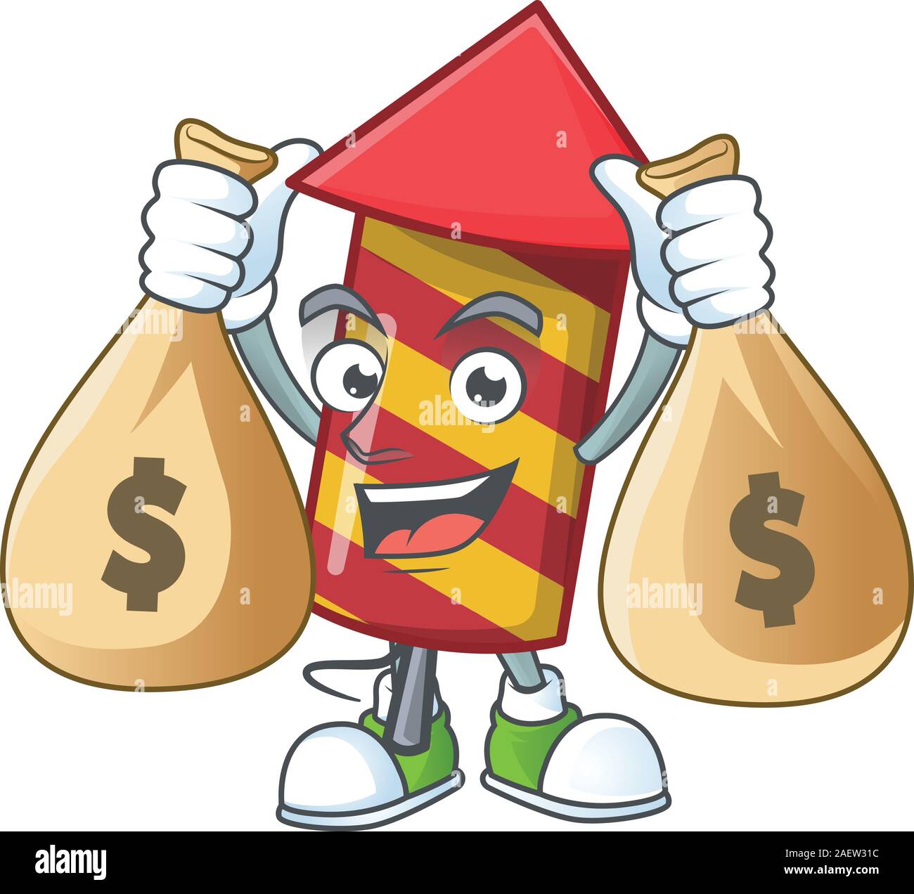 Cute red stripes fireworks rocket cartoon character smiley with money ...