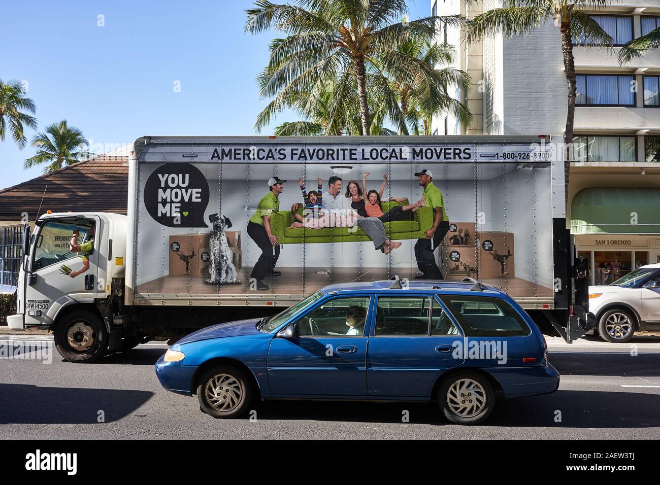 American moving company You Move Me's truck is seen on the street in the Waikiki neighborhood in Honolulu, Hawaii, on Nov 25, 2019. Stock Photo