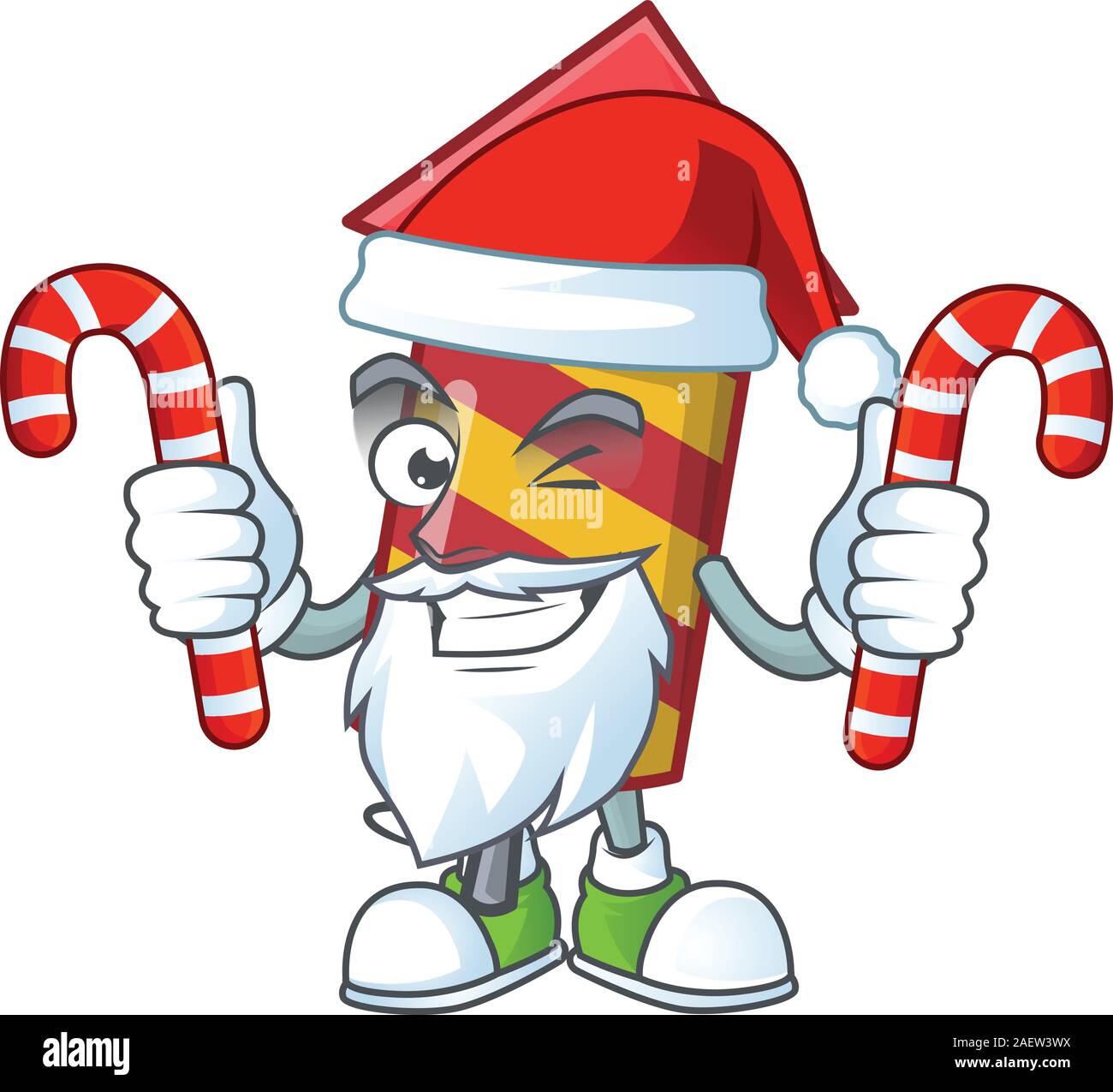 Red stripes fireworks rocket Cartoon character in Santa with candy Stock Vector