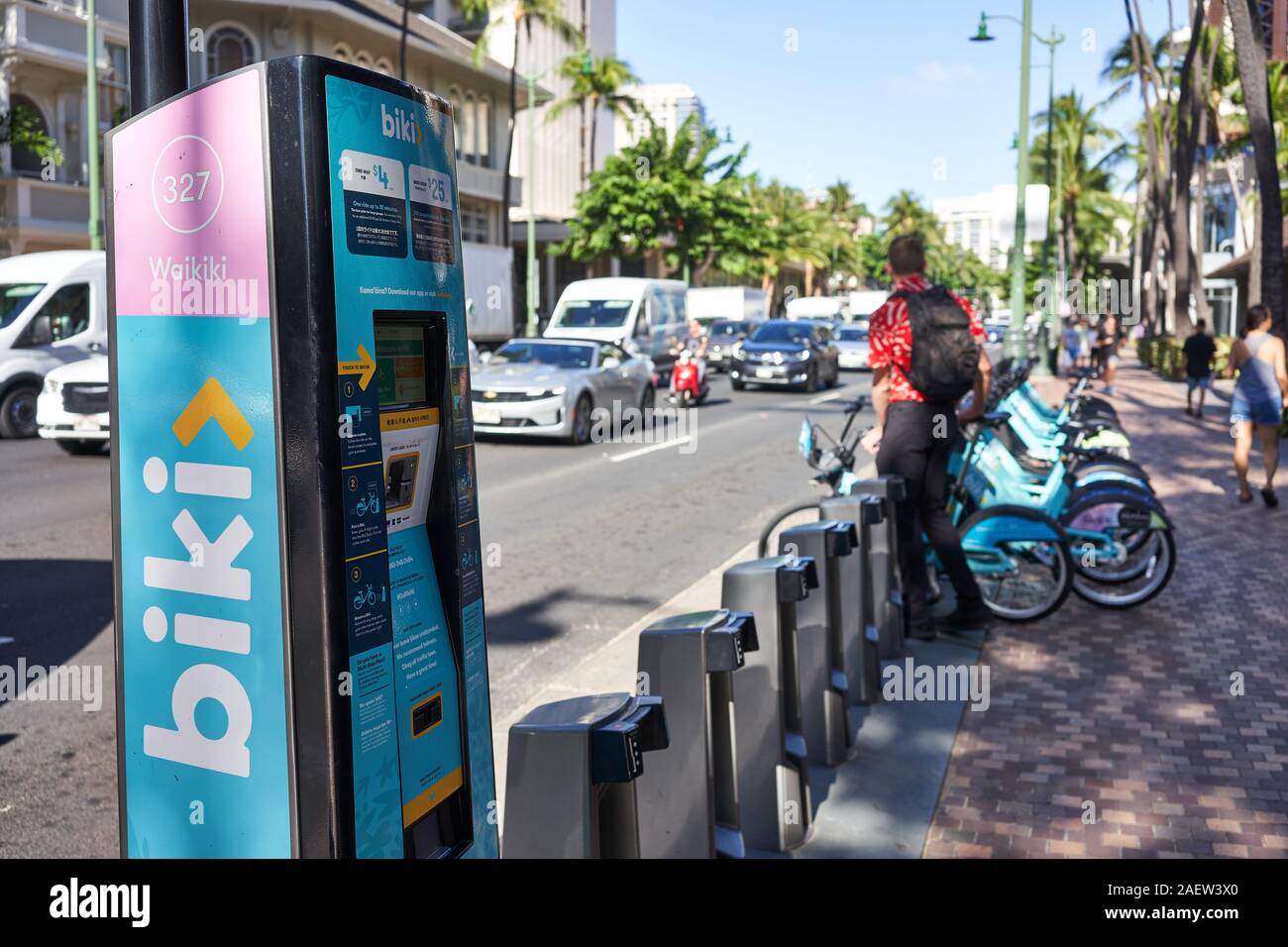 Closeup of a Biki bikeshare self-service kiosk at a Biki stop in the Waikiki neighborhood in Honolulu, Hawaii, seen on Monday, Nov 25, 2019. Stock Photo