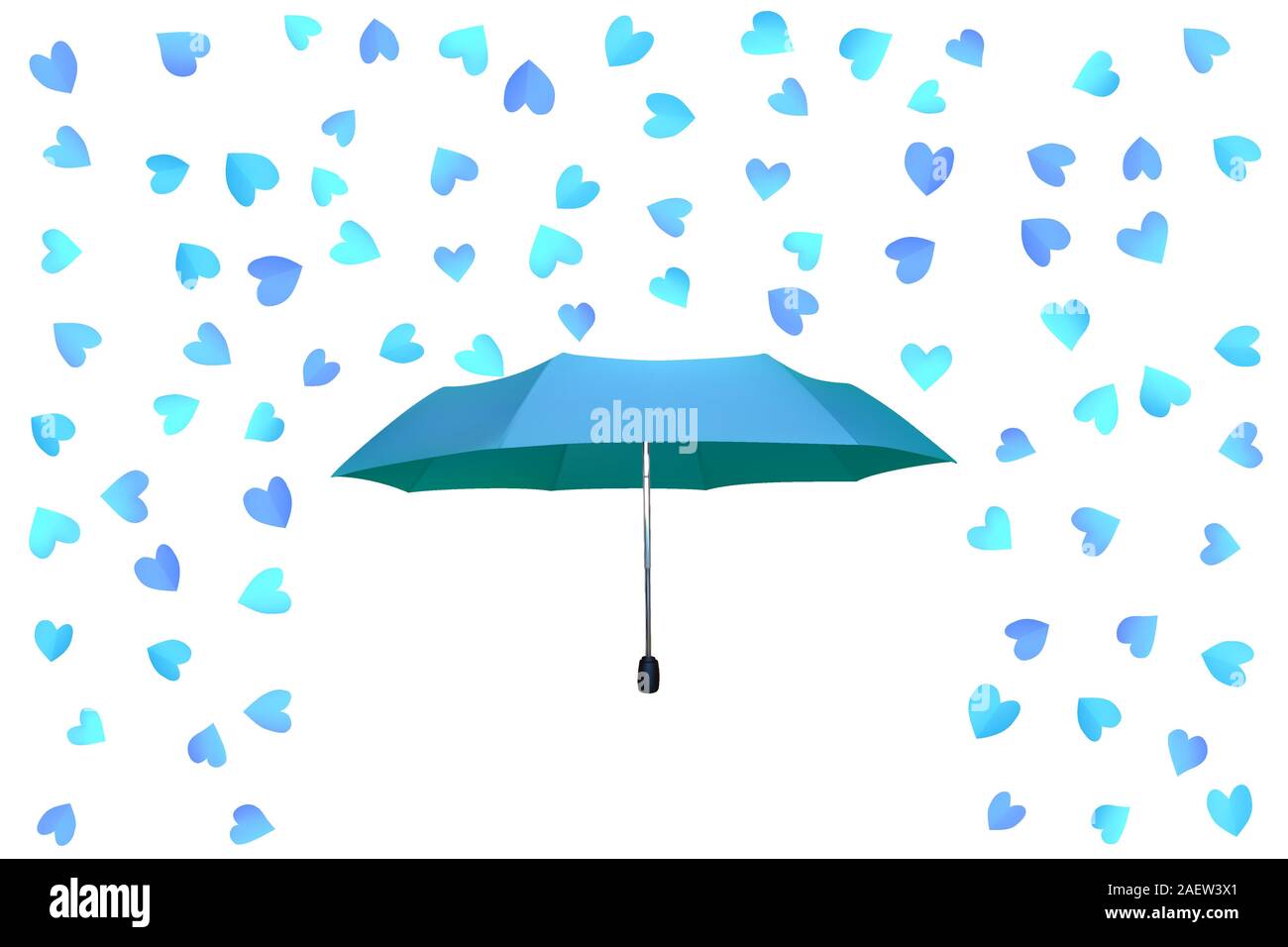 Valentine Day greeting card. Raining paper blue hearts. Pink umbrella ...