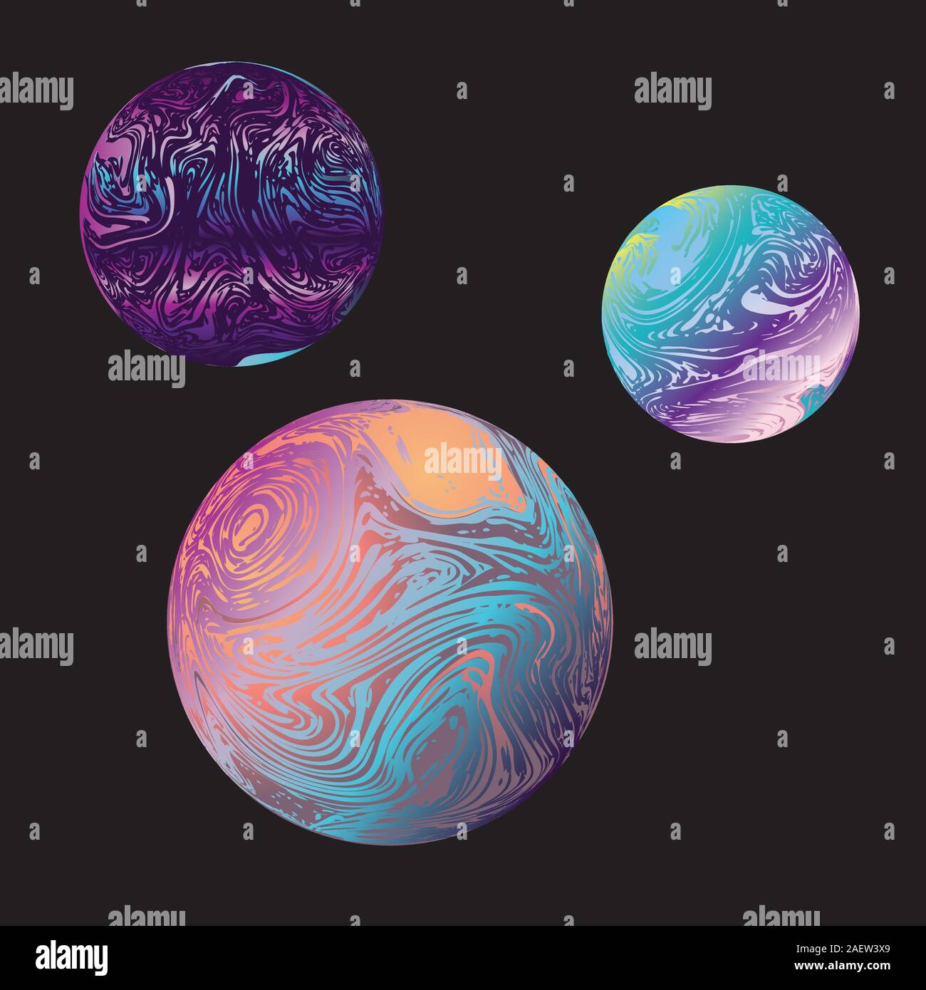 Decorative colorful striped marble planet design on black background. Stock Vector