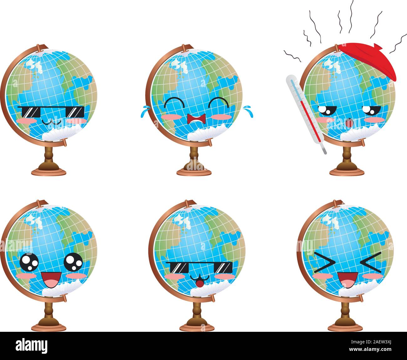 Cartoon Earth globe in different expressions, kawaii faces. Stock Vector