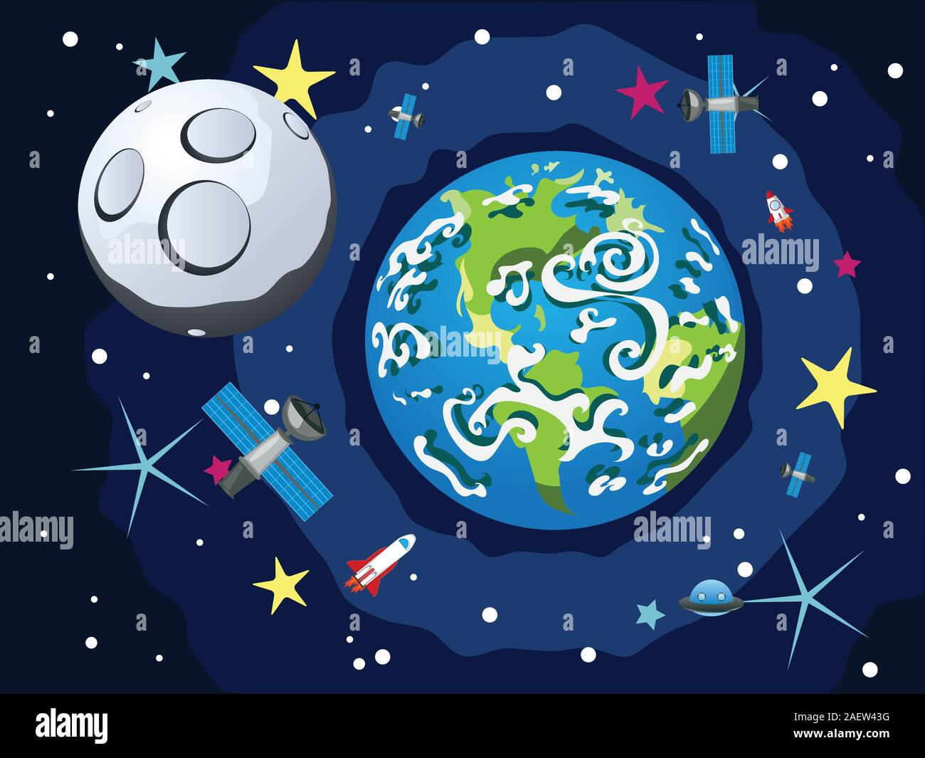 Cartoon planet Earth in open space with moon and satellites Stock ...