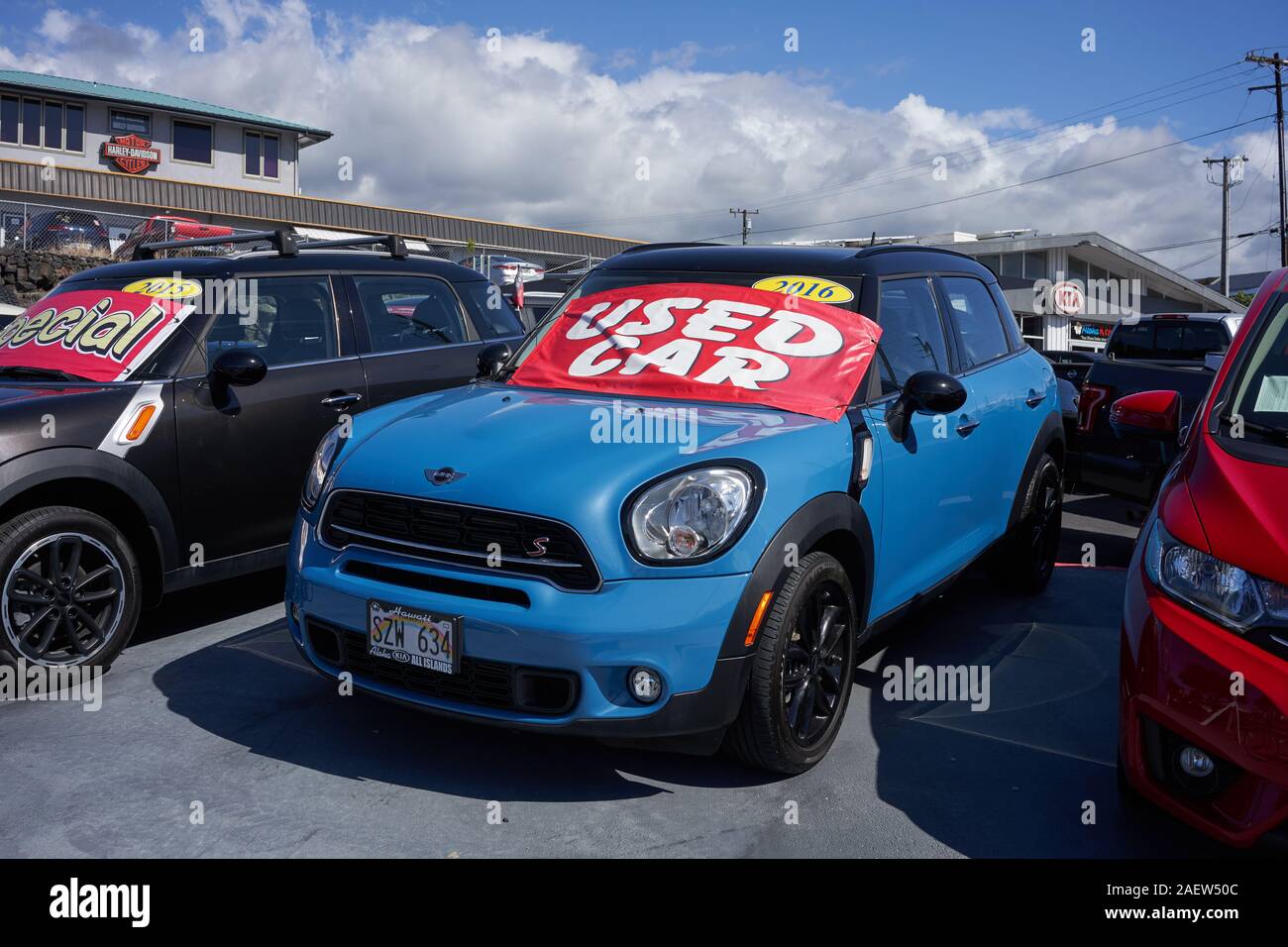 Used cars for sale in an auto dealership location in Kailua-Kona, Hawaii, seen on Friday, Nov 29, 2019. Stock Photo