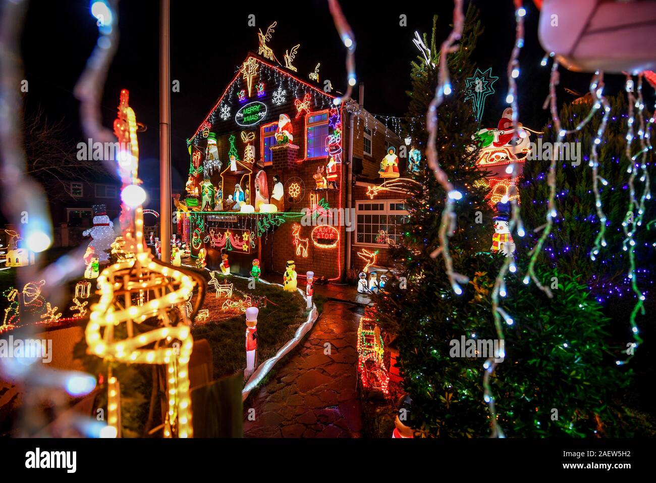 Christmas lights at a house in Brentry, Bristol, where the building is