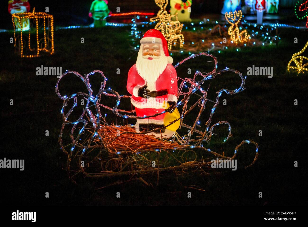 Christmas lights at a house in Brentry, Bristol, where the building is decked out with thousands