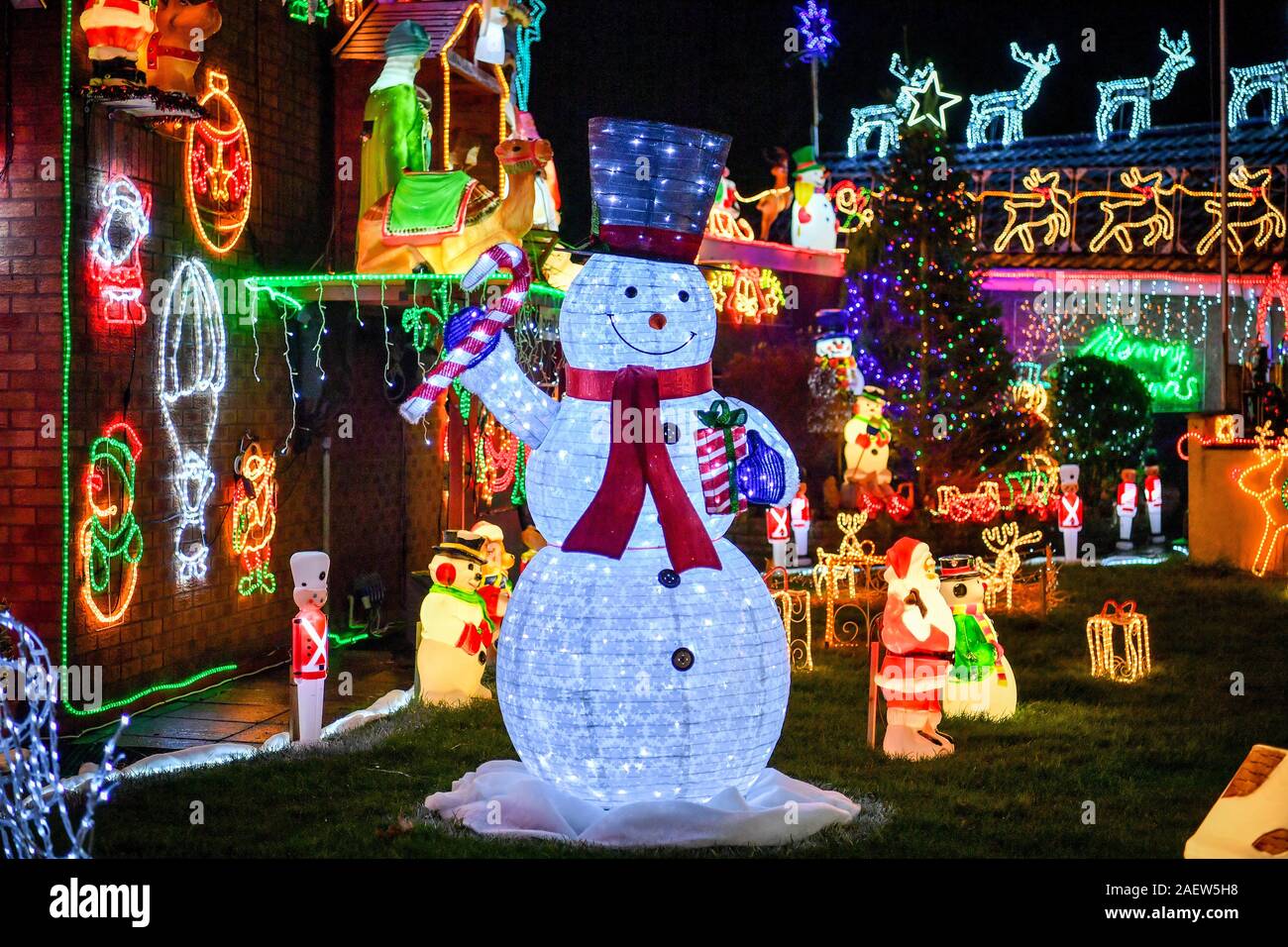 Christmas lights at a house in Brentry, Bristol, where the building is