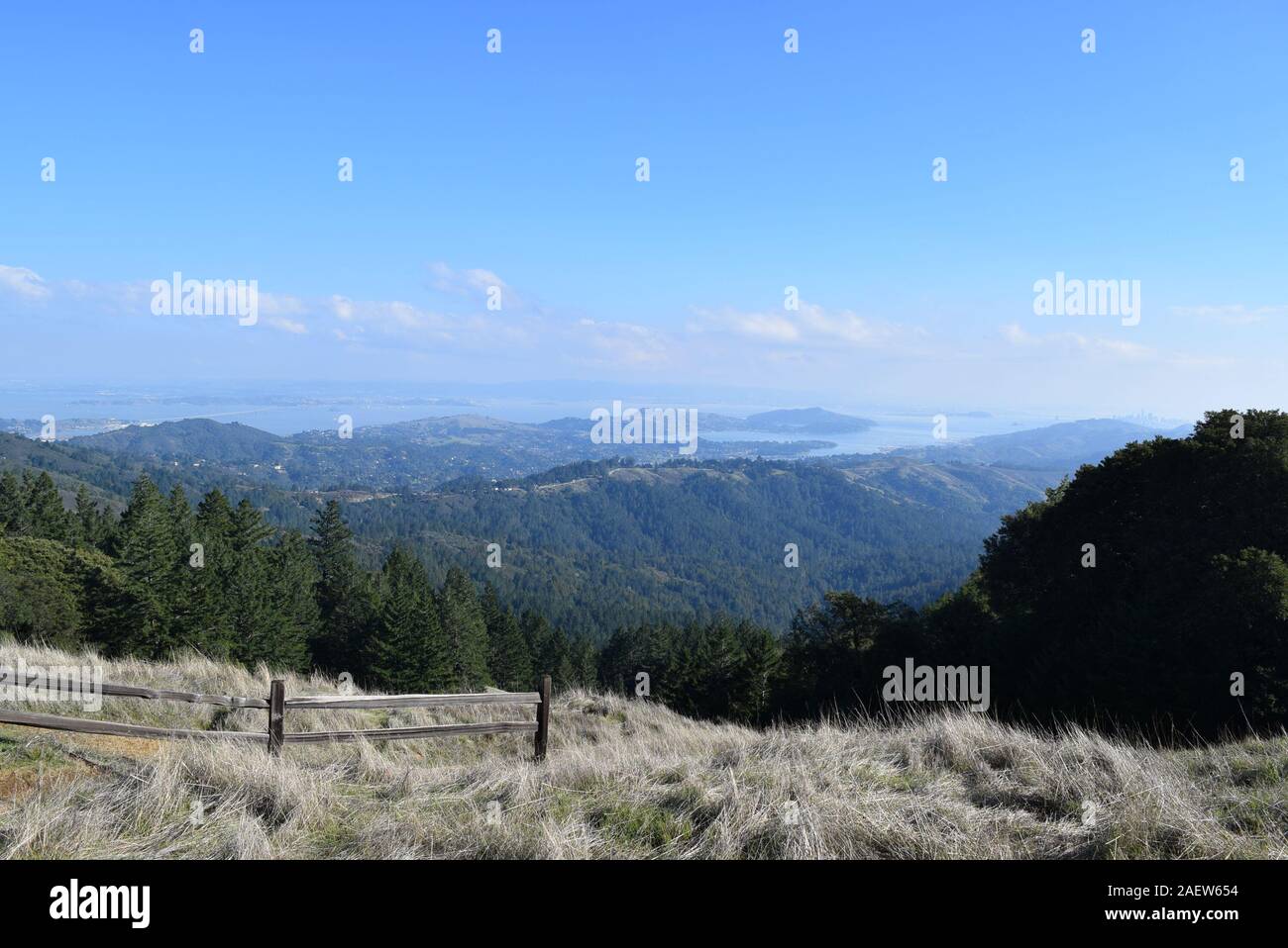 Distant views of San Francisco emerge from the fog from the top of Mt. Tamalpais, the tallest point in Marin County, California, USA. Stock Photo