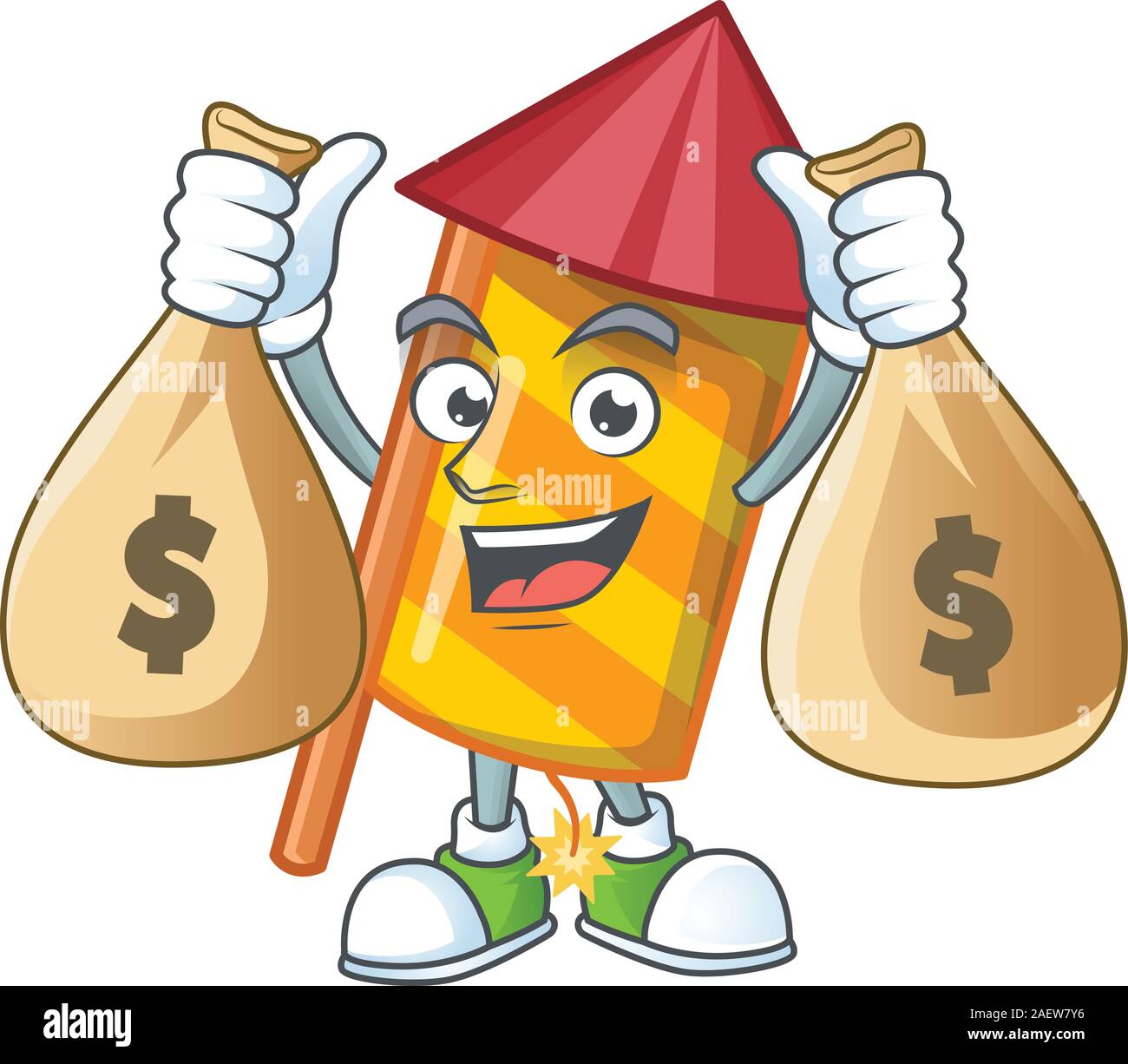 Cute yellow stripes fireworks rocket cartoon character smiley with ...