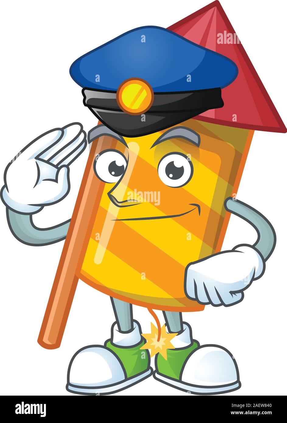 Yellow stripes fireworks rocket Cartoon character dressed as a Police officer Stock Vector