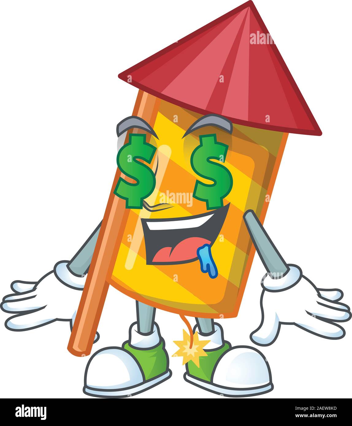 Yellow stripes fireworks rocket with Money eye cartoon character design ...