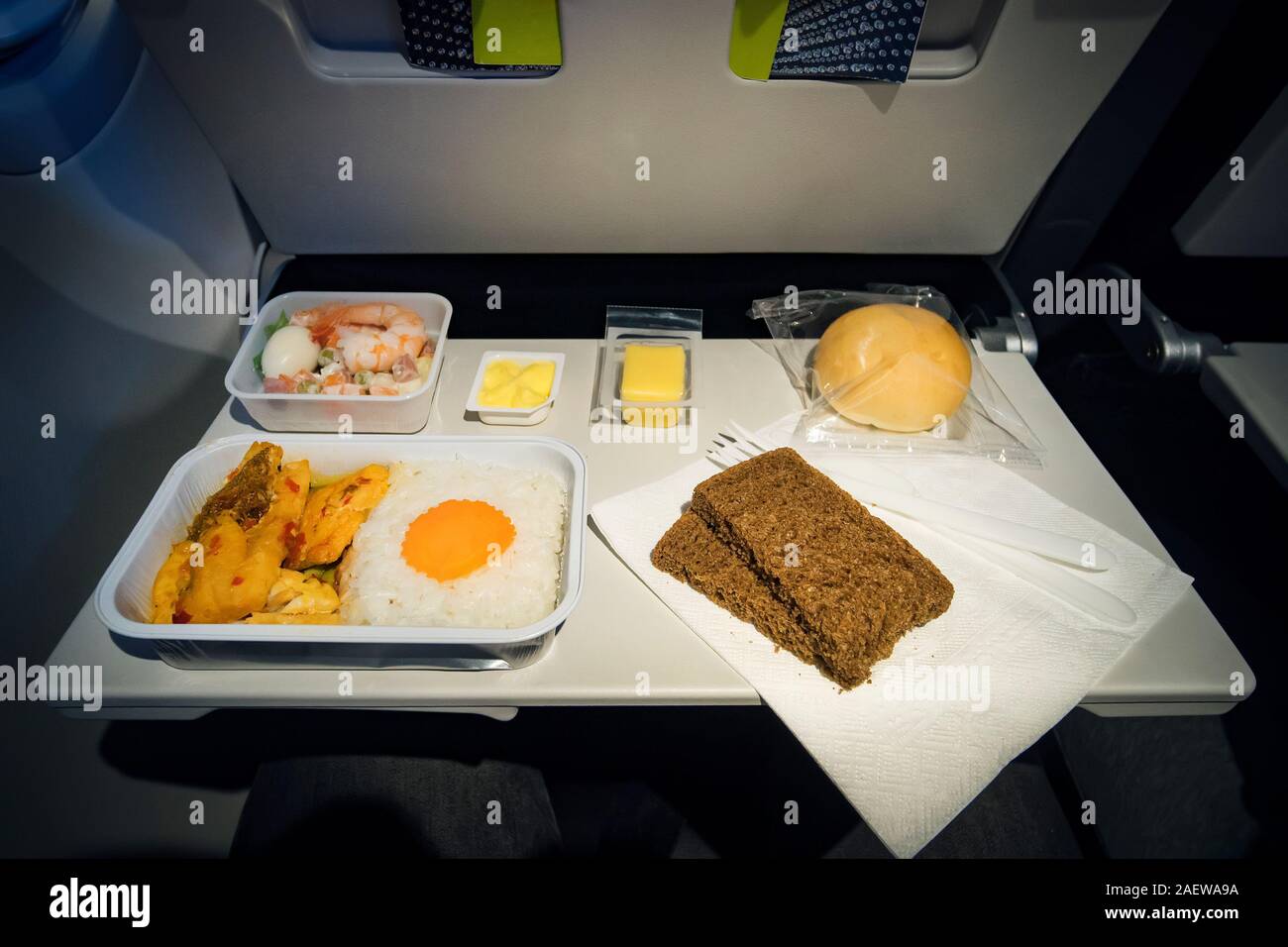 meal in Economy Class. Airlines. for food on the plane. to feed the passengers. food set close-up top view Stock Photo
