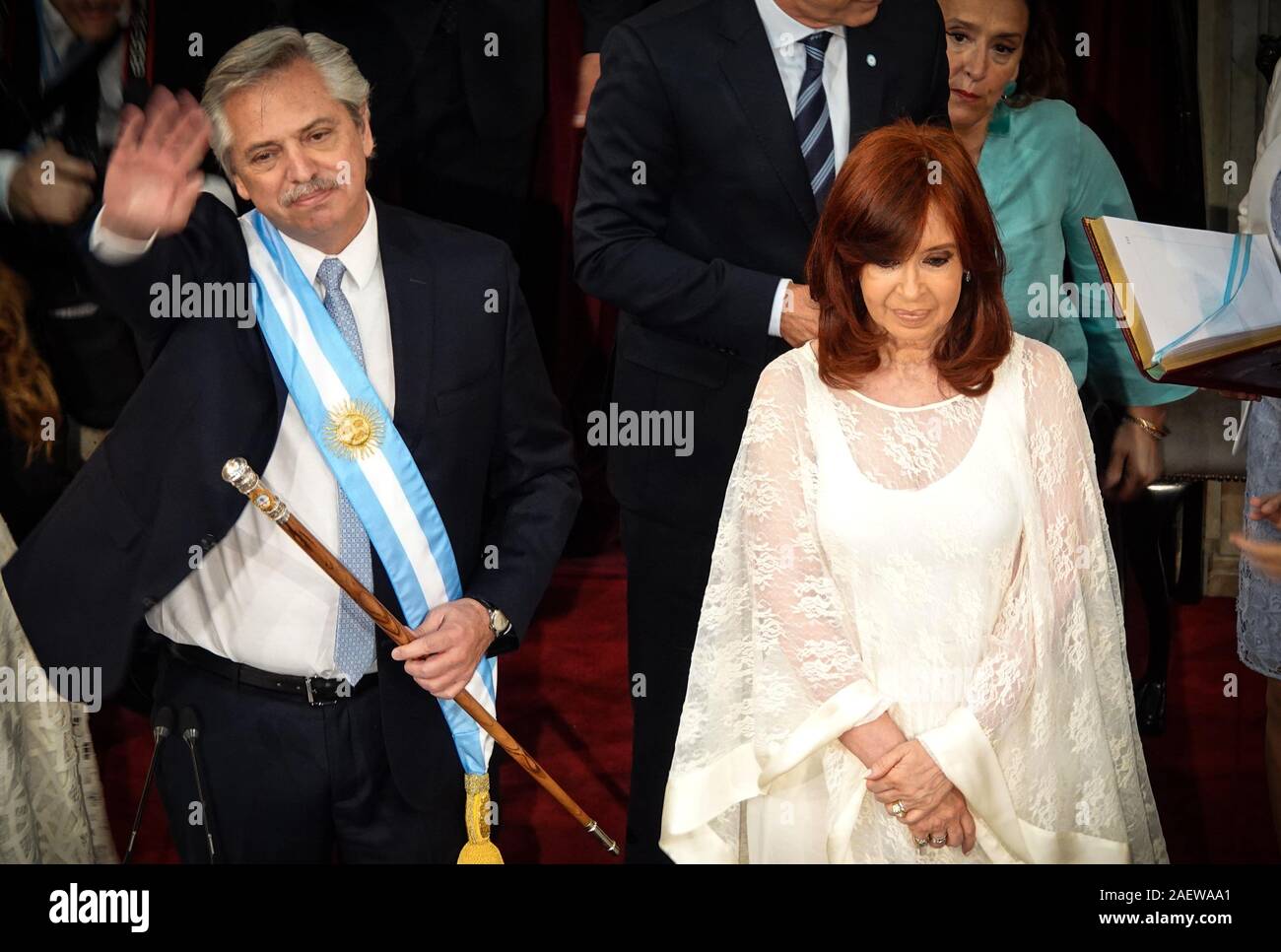 Buenos Aires, Argentina. 10th Dec, 2019. Alberto Fernandez (l), new President of Argentina, and Vice-President Cristina Fernandez de Kirchner stand together after taking the oath of office before the Congress. Credit: Florencia Martin/dpa/Alamy Live News Stock Photo