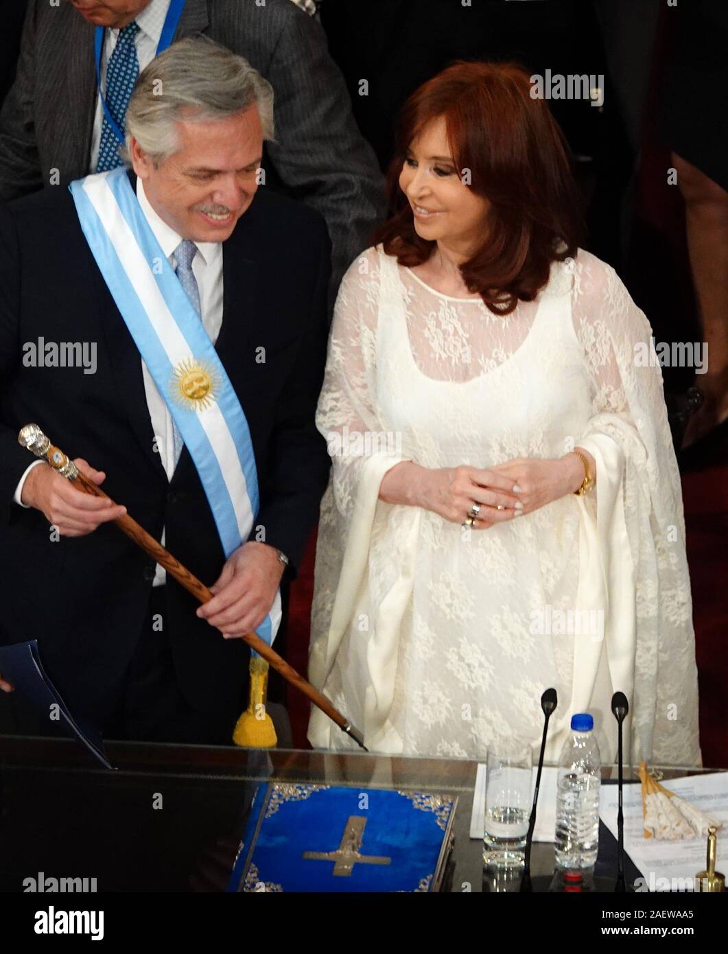 Buenos Aires, Argentina. 10th Dec, 2019. Alberto Fernandez (l), new President of Argentina, and Vice-President Cristina Fernandez de Kirchner stand together after taking the oath of office before the Congress. Credit: Florencia Martin/dpa/Alamy Live News Stock Photo
