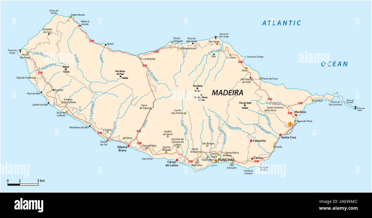 Road map of the Portuguese island of Madeira Stock Vector