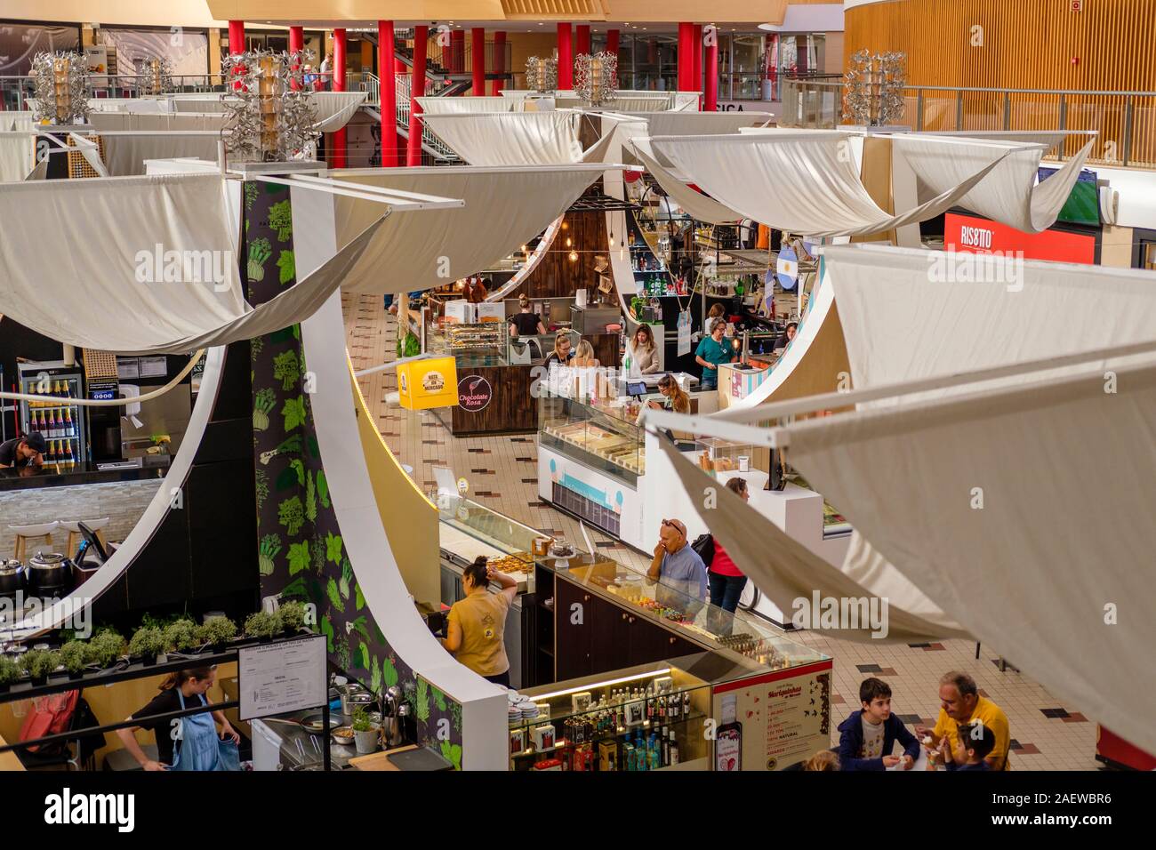 The interior of the renovated and modernised Mercado do Bom Sucesso, a modern indoor market in the Boavista district of Porto, Portugal. Stock Photo