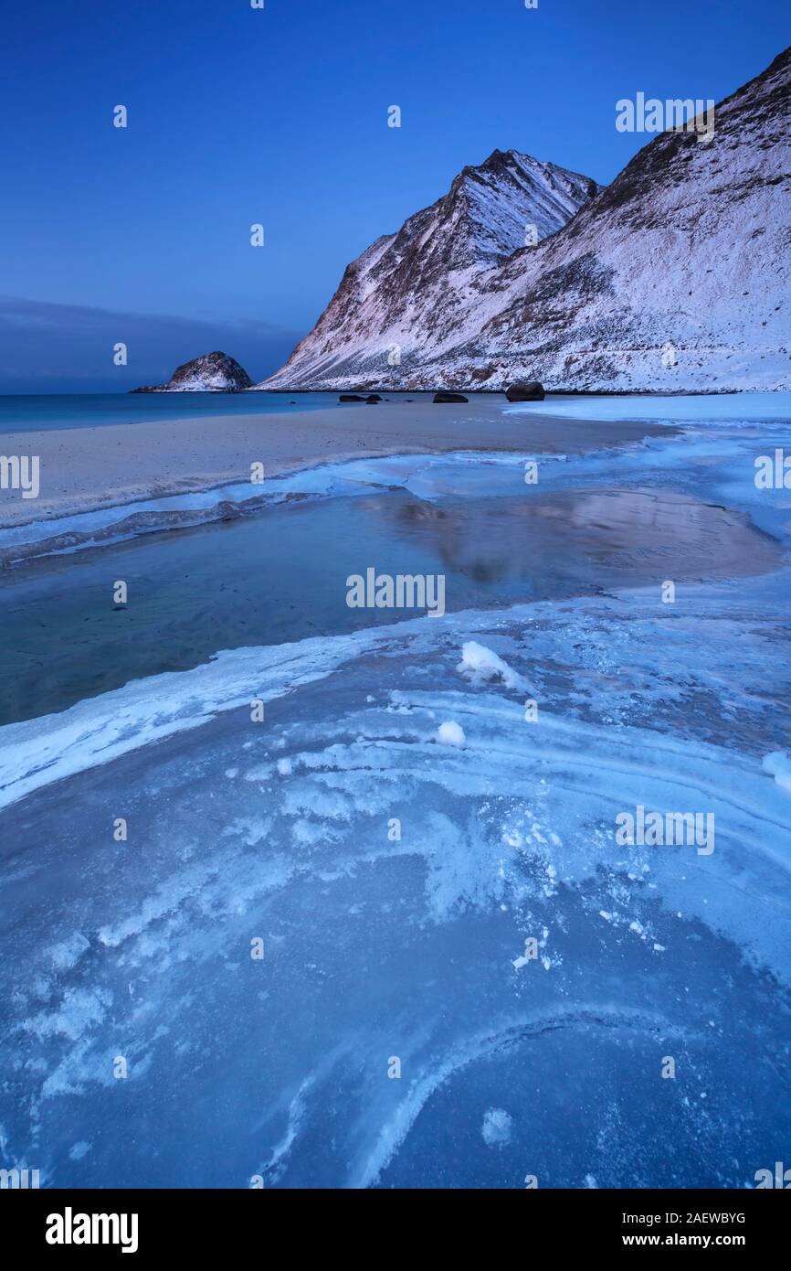 Haukland beach on the Lofoten in northern Norway on a cold winter's morning. Stock Photo