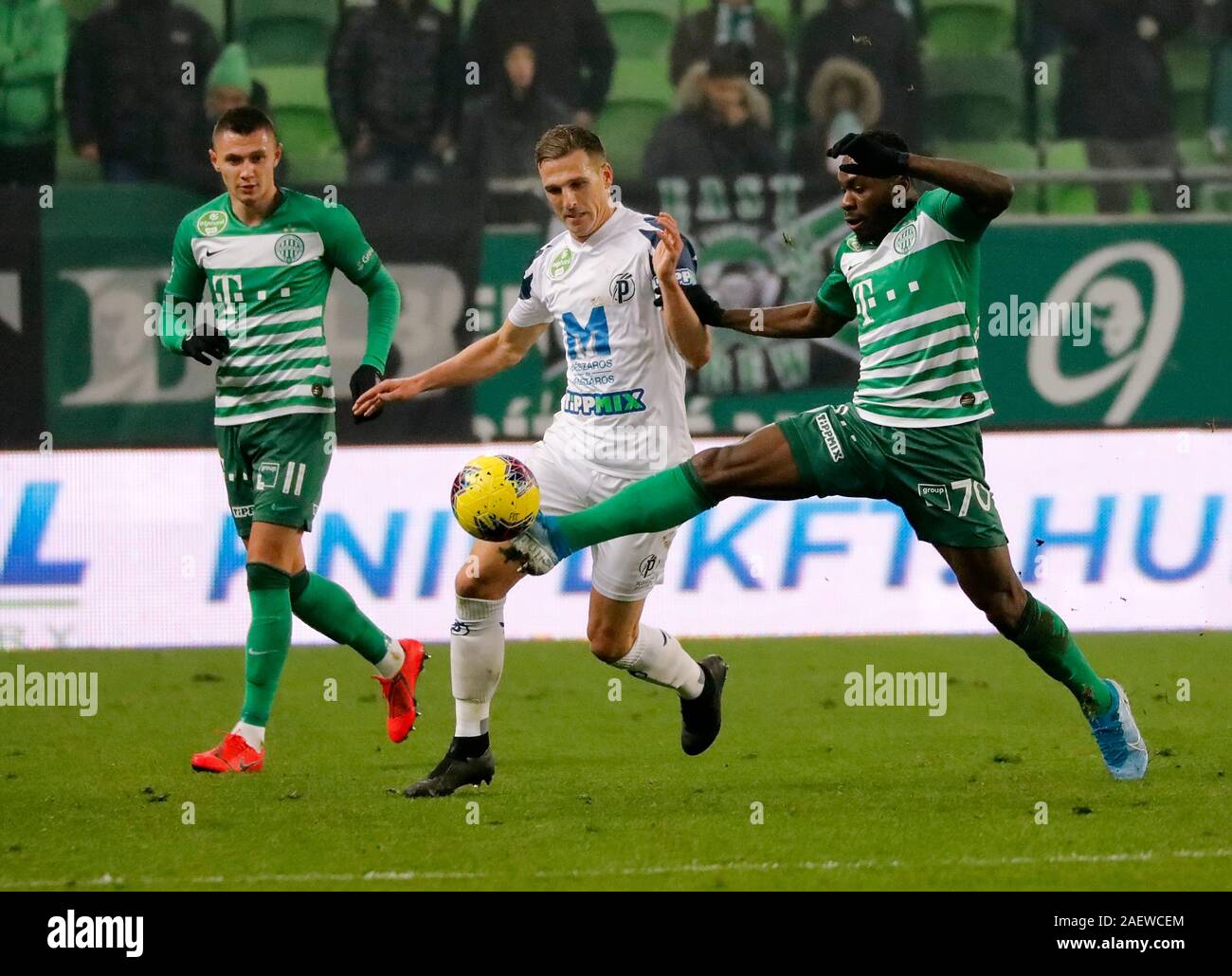 BUDAPEST, HUNGARY - MAY 12: (r-l) Leandro De Almeida 'Leo' of Ferencvarosi  TC celebrates the goal with Roland Varga of Ferencvarosi TC during the  Hungarian OTP Bank Liga match between Ferencvarosi TC