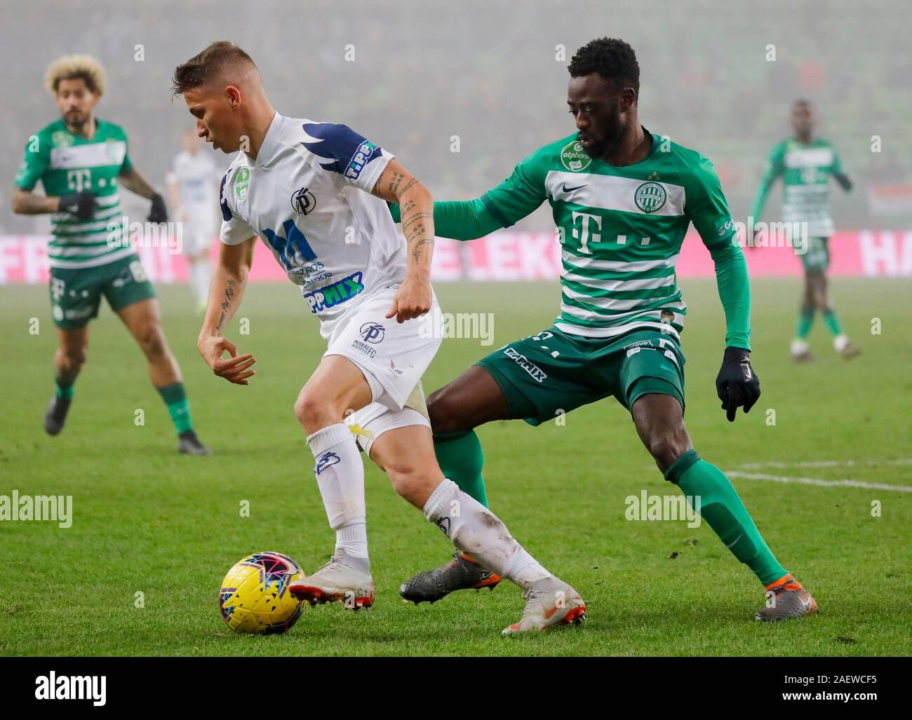 BUDAPEST, HUNGARY - MAY 12: (r-l) Leandro De Almeida 'Leo' of Ferencvarosi  TC celebrates the goal with Roland Varga of Ferencvarosi TC during the  Hungarian OTP Bank Liga match between Ferencvarosi TC