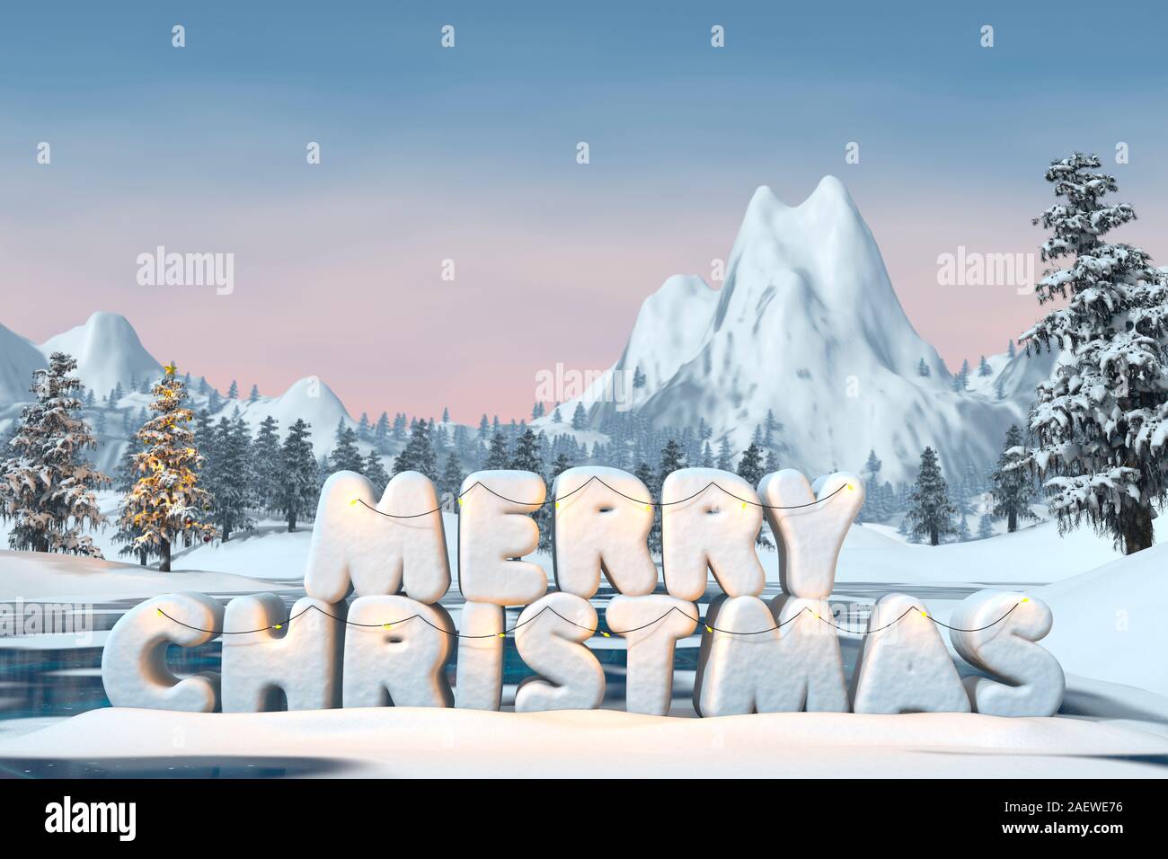 The words 'Merry Christmas' sculpted in snow in a mountain landscape. A 3d render. Stock Photo