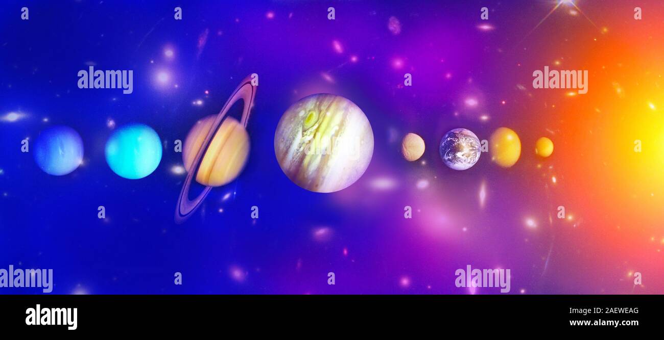 Planets of the solar system. Sun, Mercury, Venus, Earth, Mars, Jupiter, Saturn, Uranus, Neptune Stock Photo