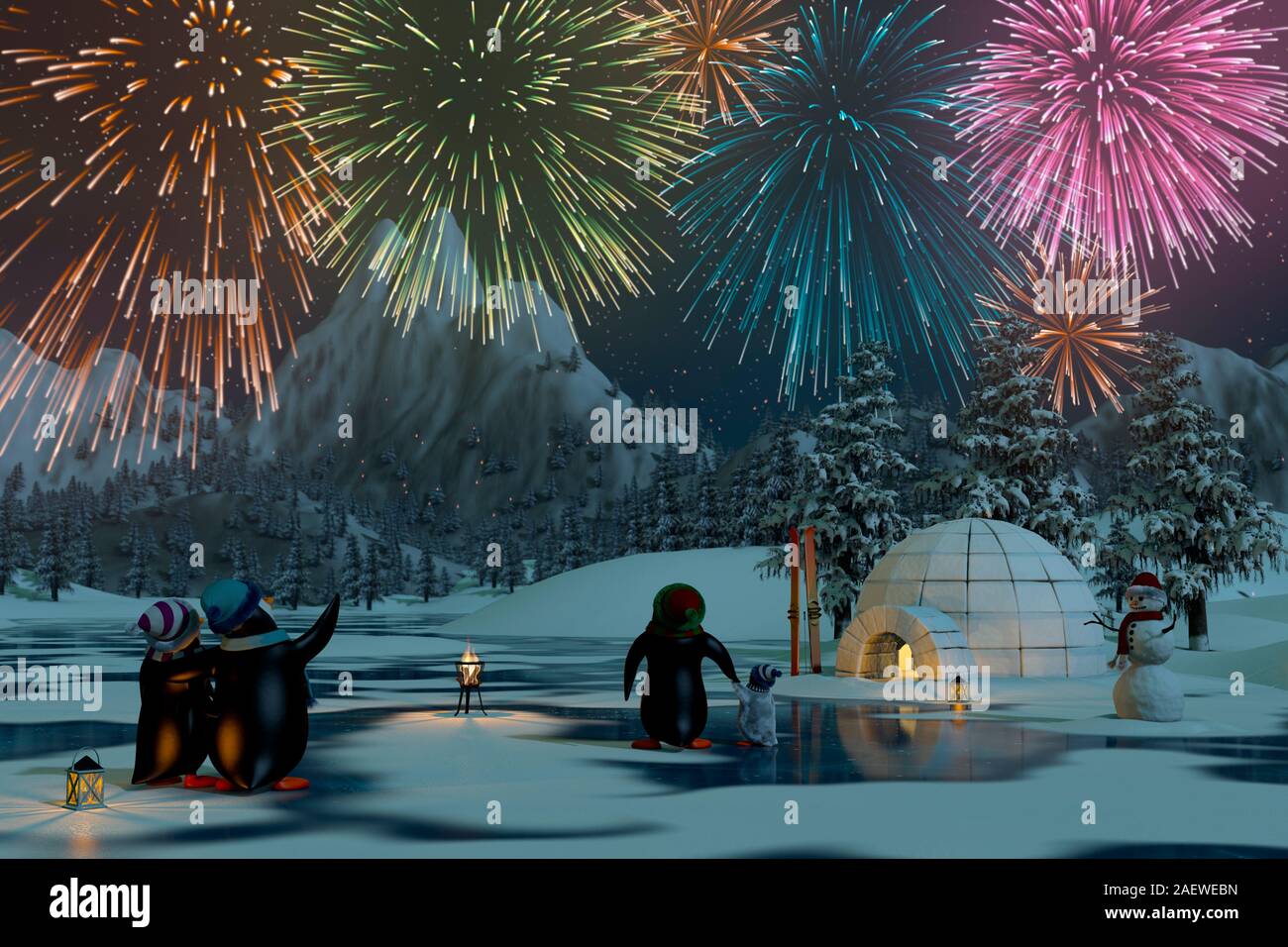 Fireworks over a frozen lake in a snowy mountain landscape with
