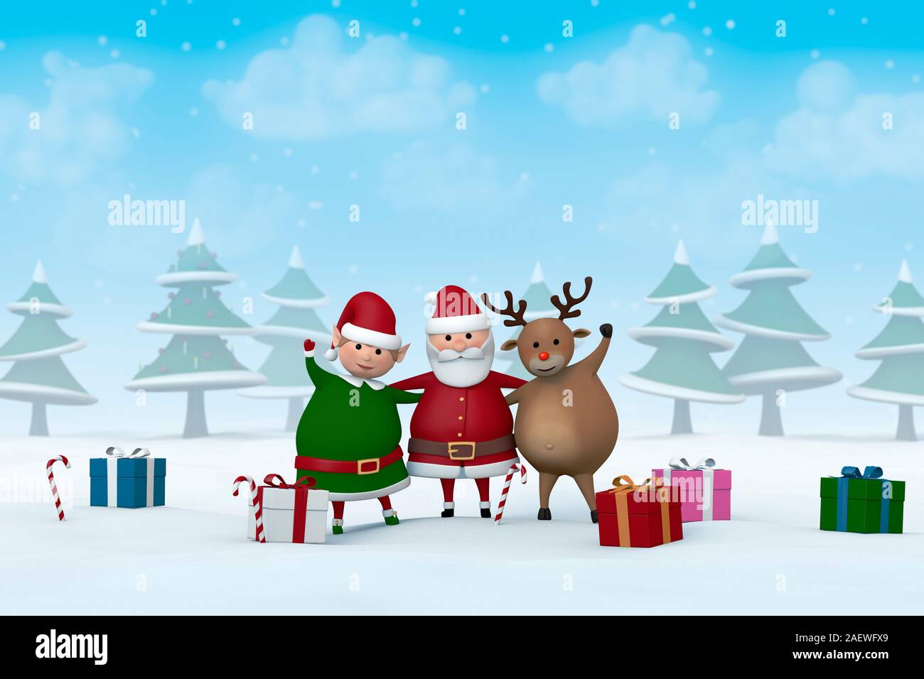 Santa Claus, a Christmas Elf and a reindeer with Christmas gifts in a snowy winter landscape. Stock Photo