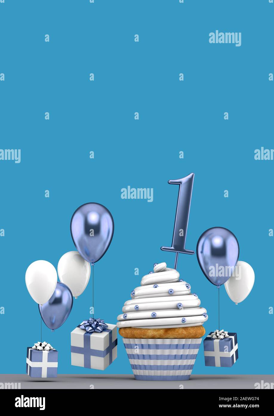 Number 1 blue birthday cupcake with balloons and gifts. 3D Render Stock Photo