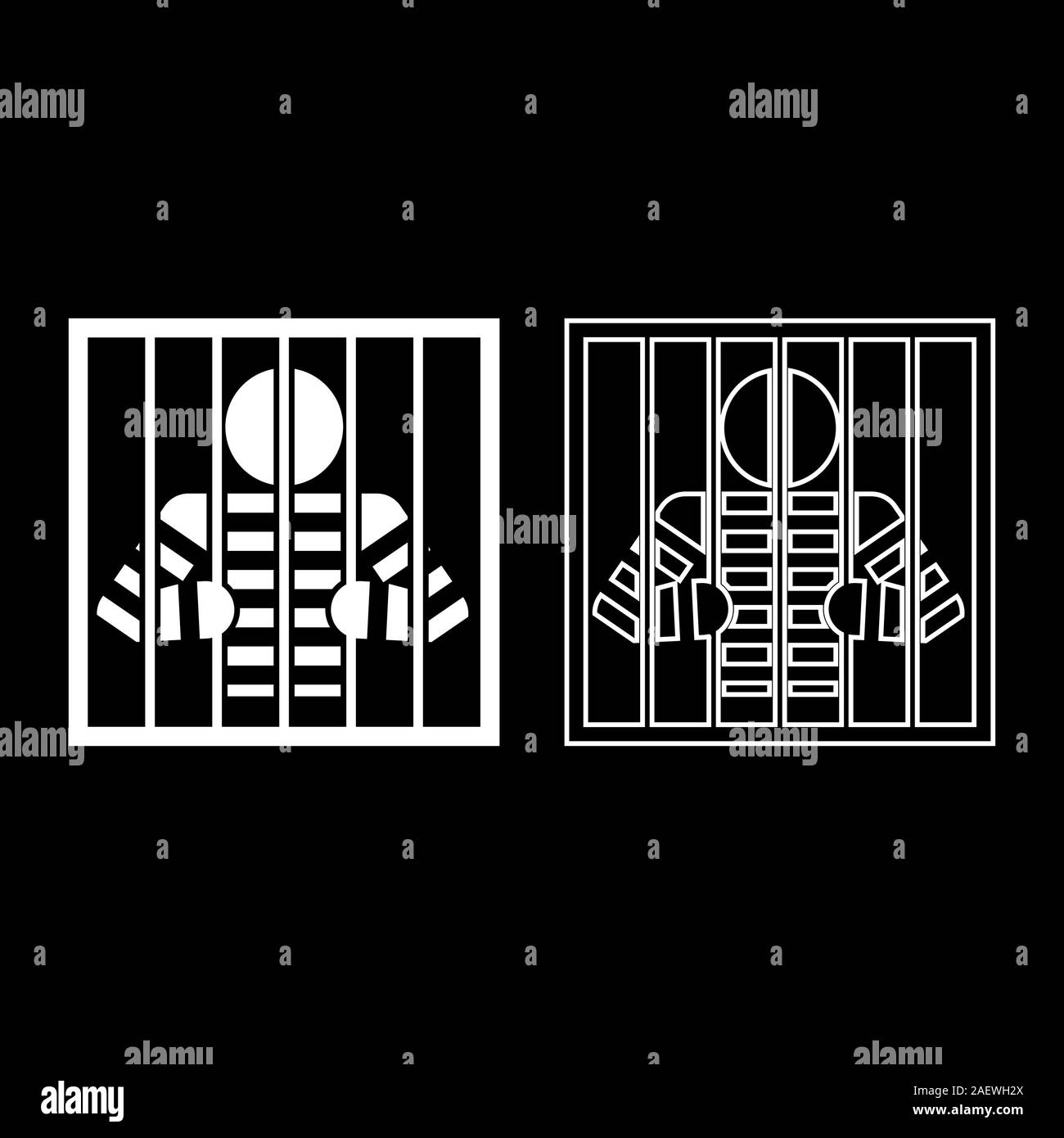 Prisoner behind bars holds rods with his hands Angry man watch through lattice in jail Incarceration concept icon outline set white color vector Stock Vector