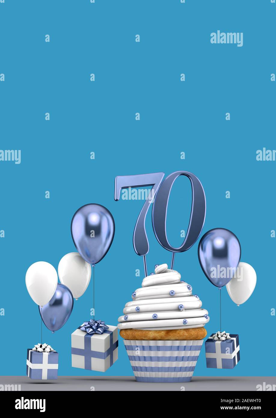Number 70 blue birthday cupcake with balloons and gifts. 3D Render Stock Photo