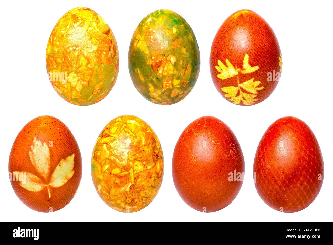 Seven traditional easter painted eggs closeup white background Stock