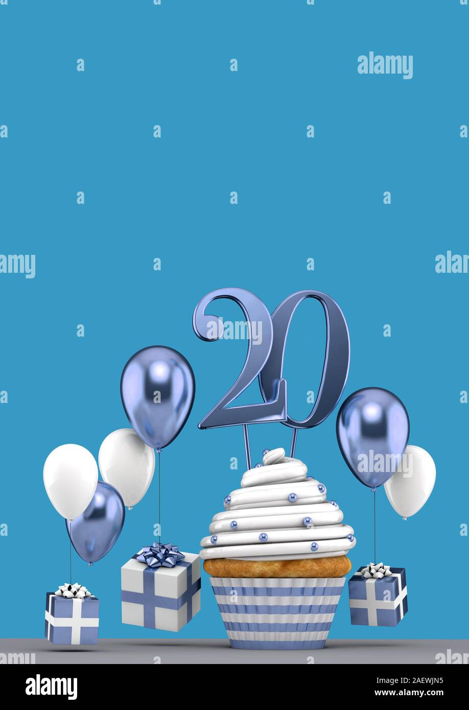 Number 20 blue birthday cupcake with balloons and gifts. 3D Render Stock Photo
