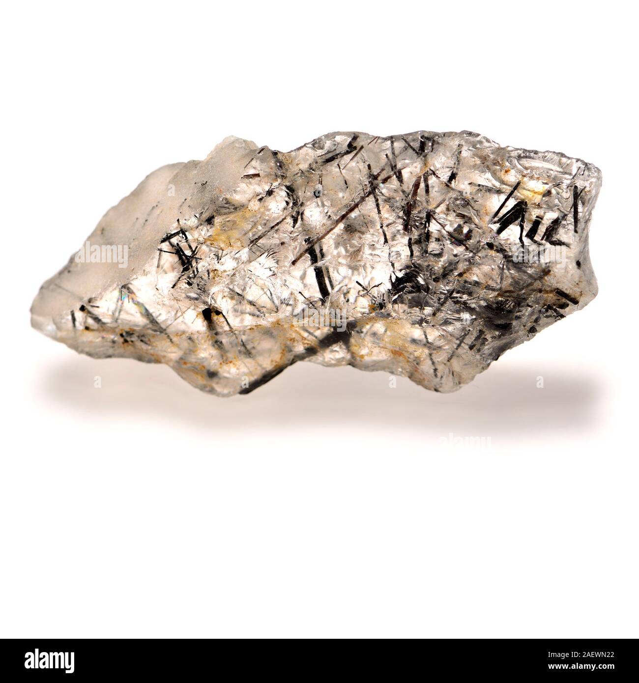 Quartz with needlelike Schorl Tourmaline crystal inclusions Stock