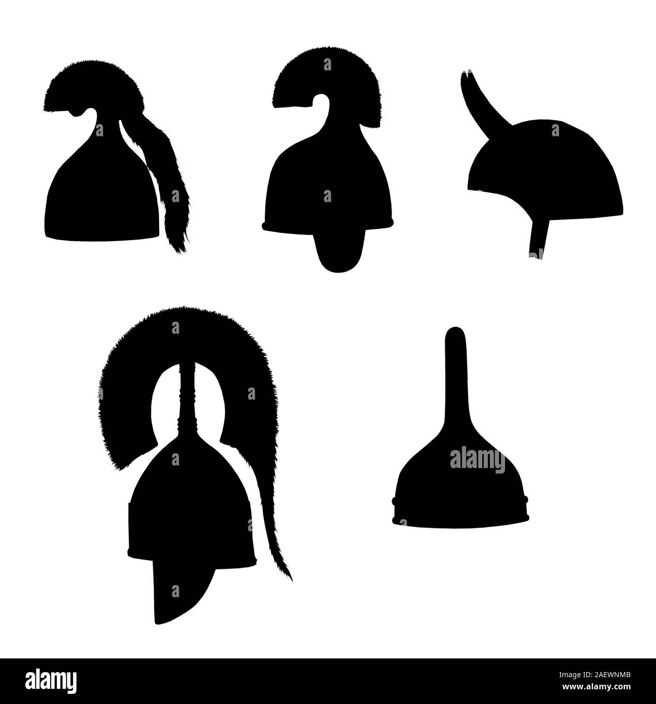 Ancient greek, assyrian, sumerian, persian helmets. Bronze helmet set illustration. Stock Photo
