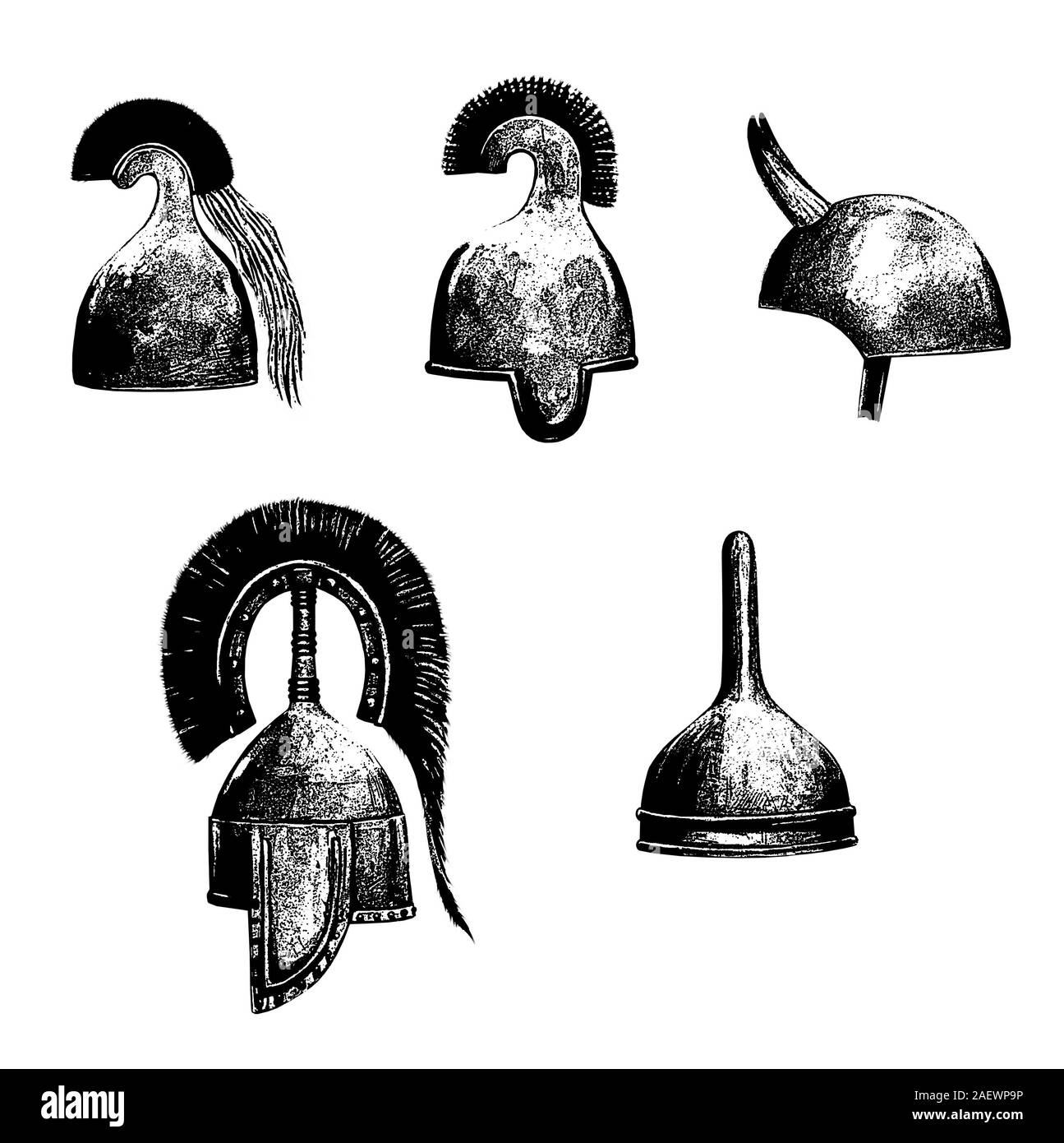 Ancient greek, assyrian, sumerian, persian helmets. Bronze helmet set illustration. Stock Photo