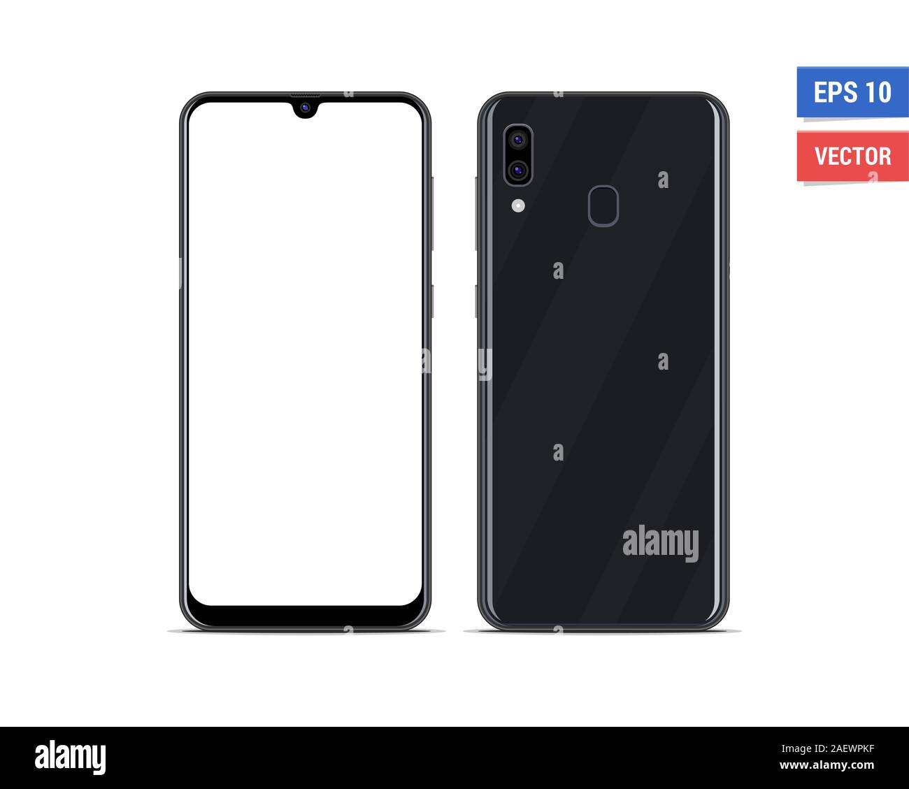 Realistic vector flat mock-up Samsung Galaxy A30 with blank screen isolated on white background. Scale image any resolution Stock Vector
