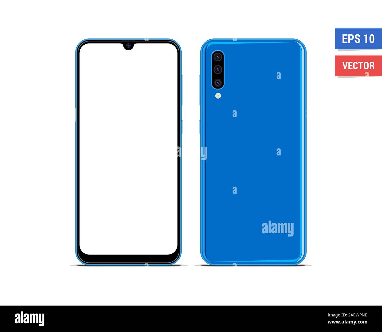 Realistic vector flat mock-up Samsung Galaxy A50 with blank screen isolated on white background. Scale image any resolution Stock Vector