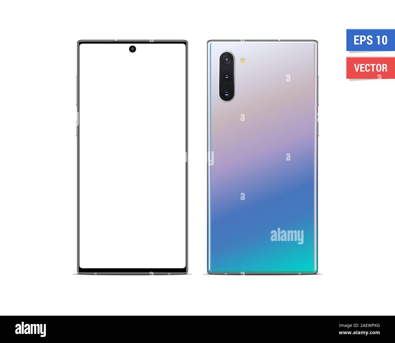 Realistic vector flat mock-up Samsung Galaxy Note 10 with blank screen isolated on white background. Scale image any resolution Stock Vector