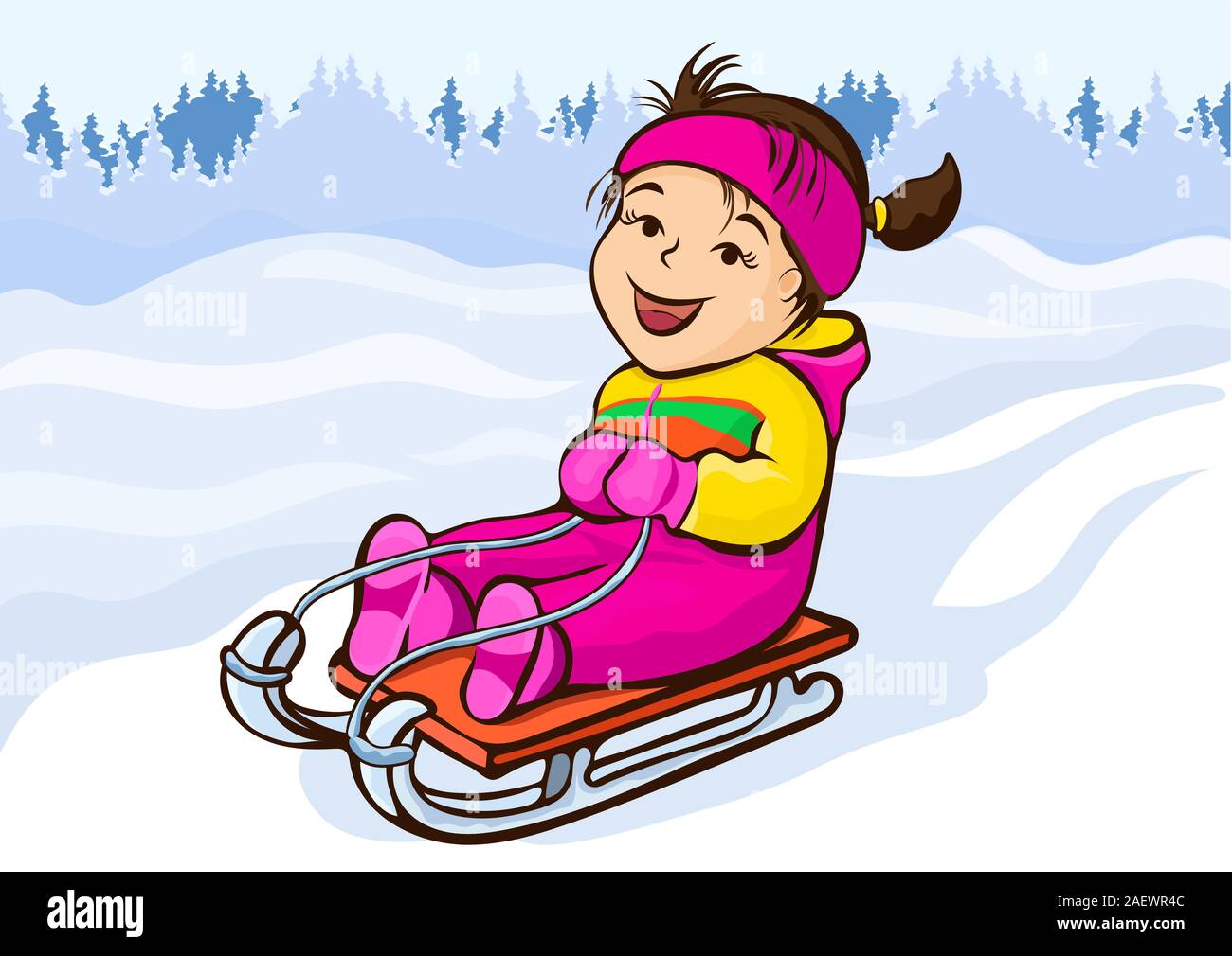 Girl sledding, cartoon character, hand drawing, winter kids fun. Cute happy child in pink jumpsuit joyful rides in sled on snow hill on the background Stock Vector