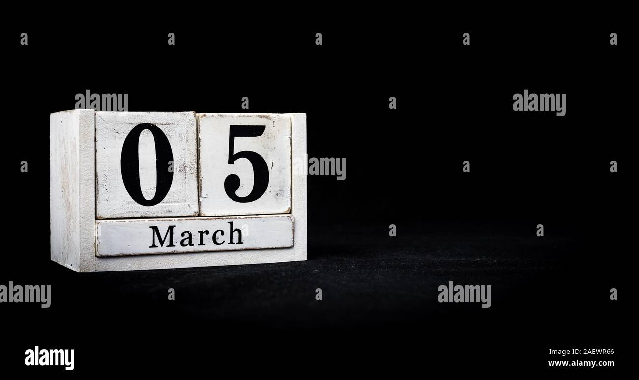 March 5th, Fifth of March, Day 5 of month March white calendar blocks